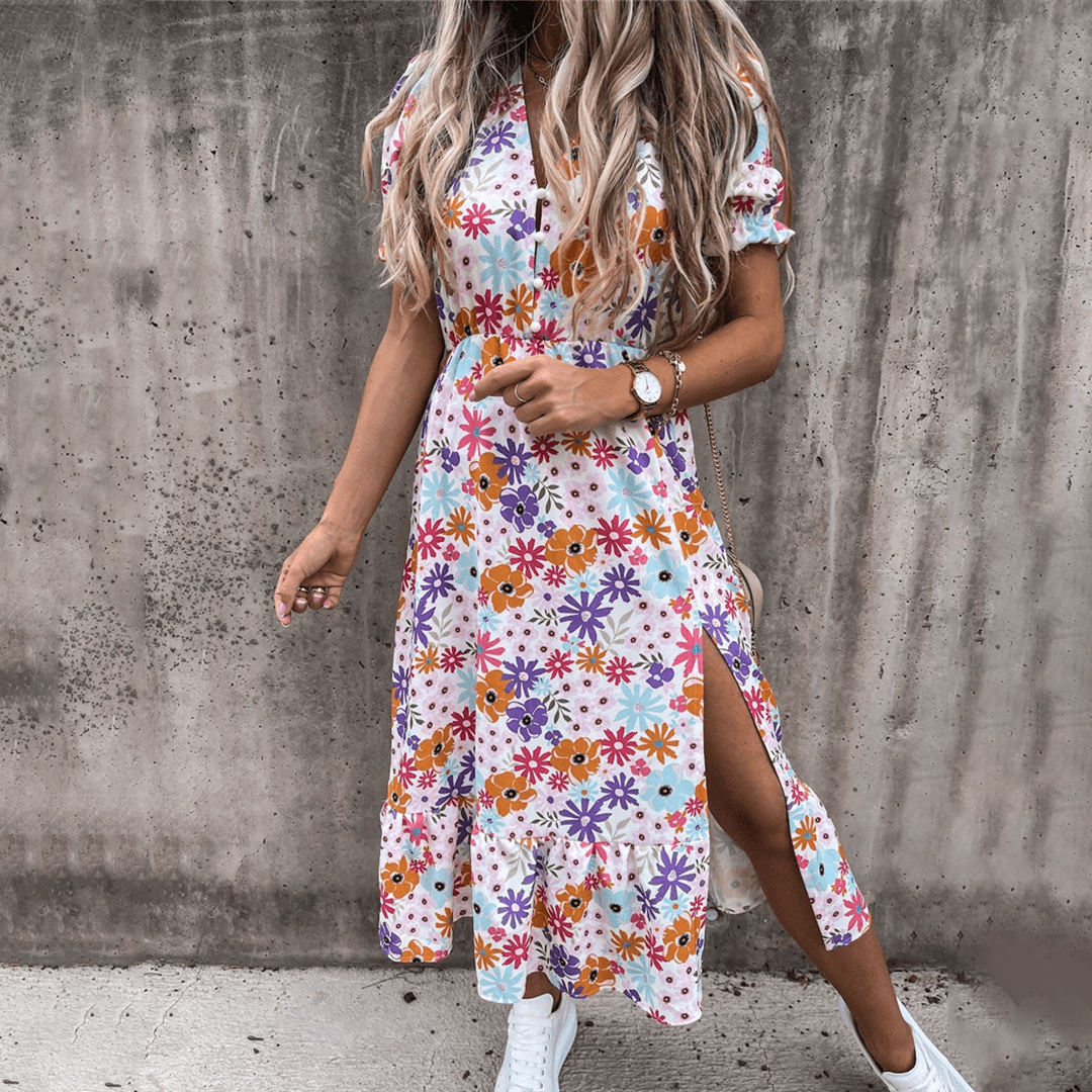 Midi Jurk met Bloemenprint en Split - Dresses - Jurkjes.co