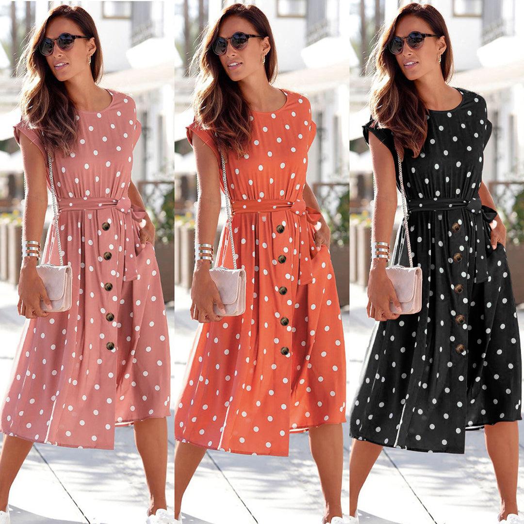 Midi Jurk met Polka Dots en Knoopsluiting - Women Summer Dress - Jurkjes.co