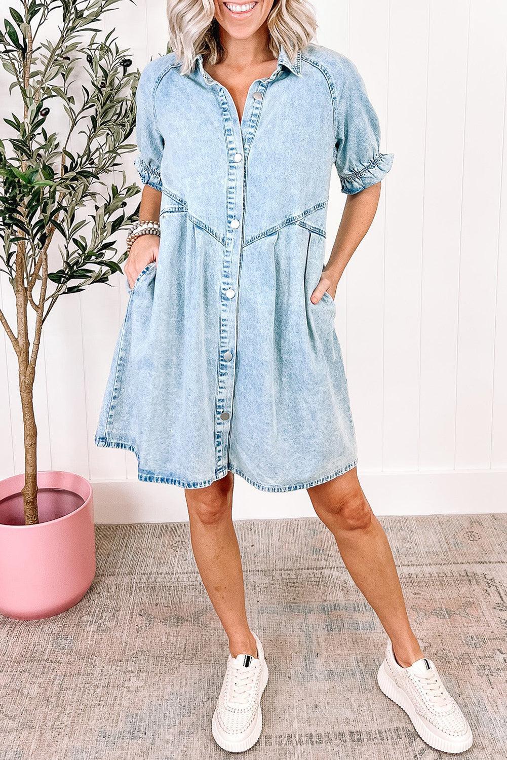 Mineraal Gewassen Denim Jurk met Ruches - Mini Dresses - Jurkjes.co