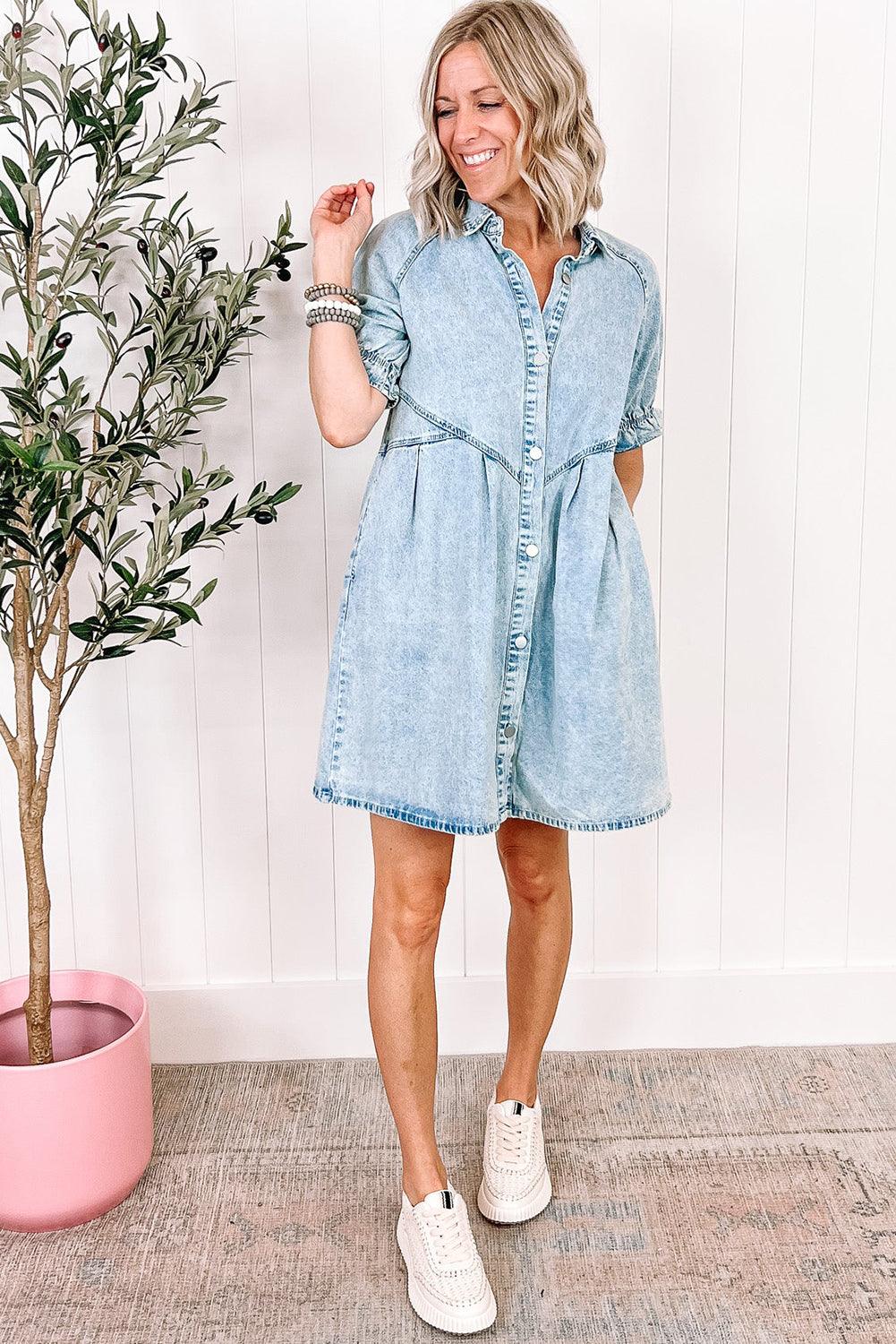 Mineraal Gewassen Denim Jurk met Ruches - Mini Dresses - Jurkjes.co