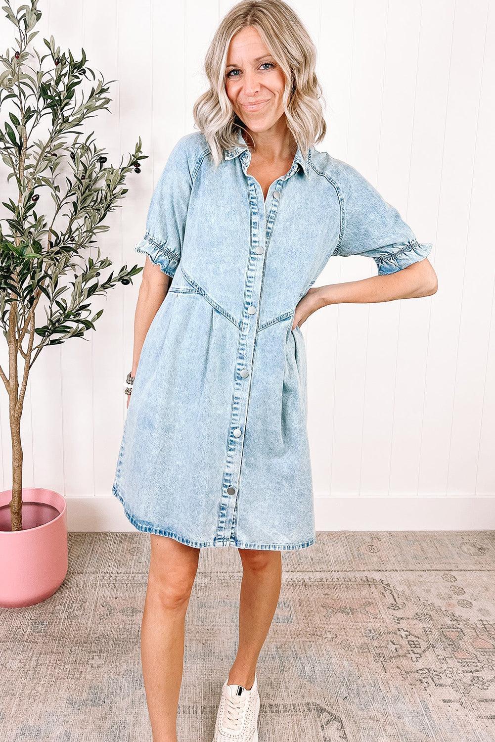 Mineraal Gewassen Denim Jurk met Ruches - Mini Dresses - Jurkjes.co