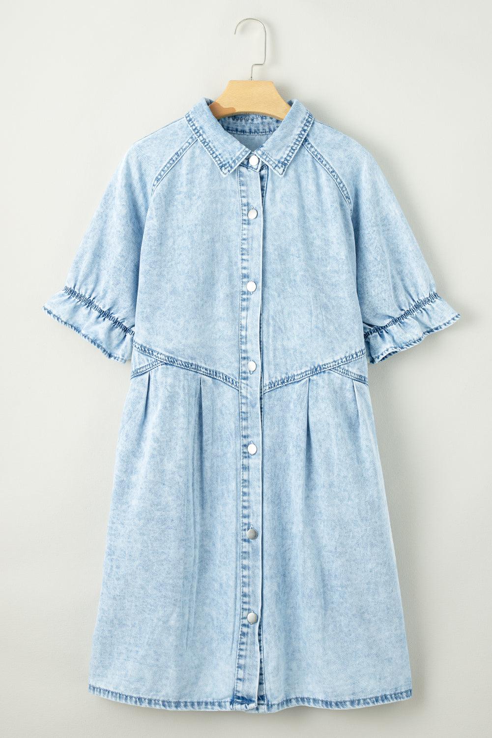 Mineraal Gewassen Denim Jurk met Ruches - Mini Dresses - Jurkjes.co