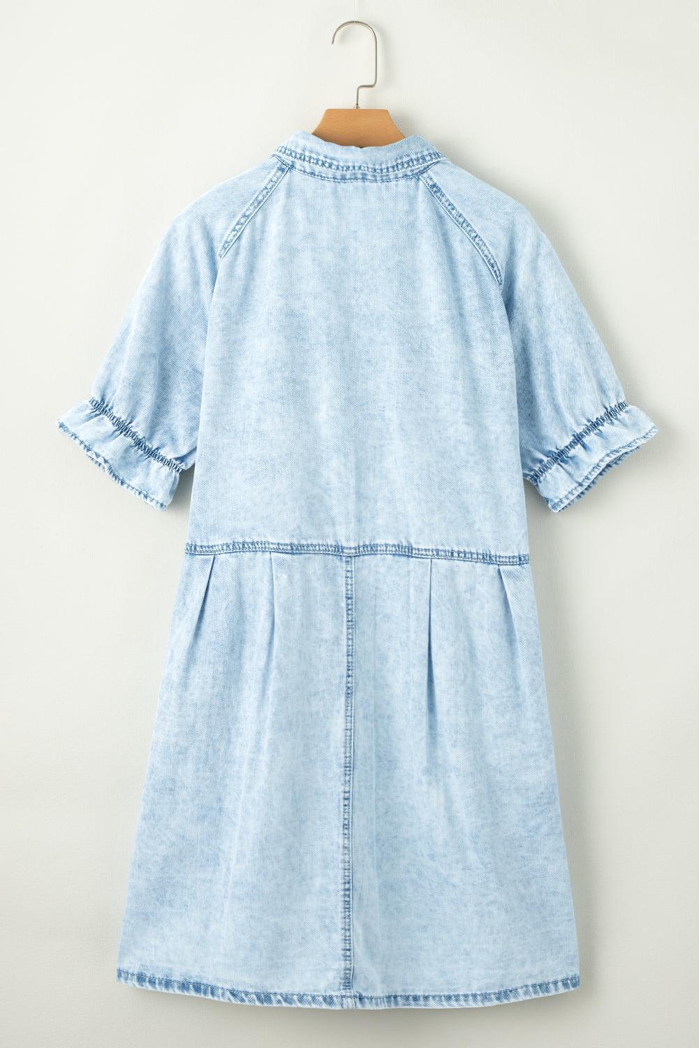 Mineraal Gewassen Denim Jurk met Ruches - Mini Dresses - Jurkjes.co