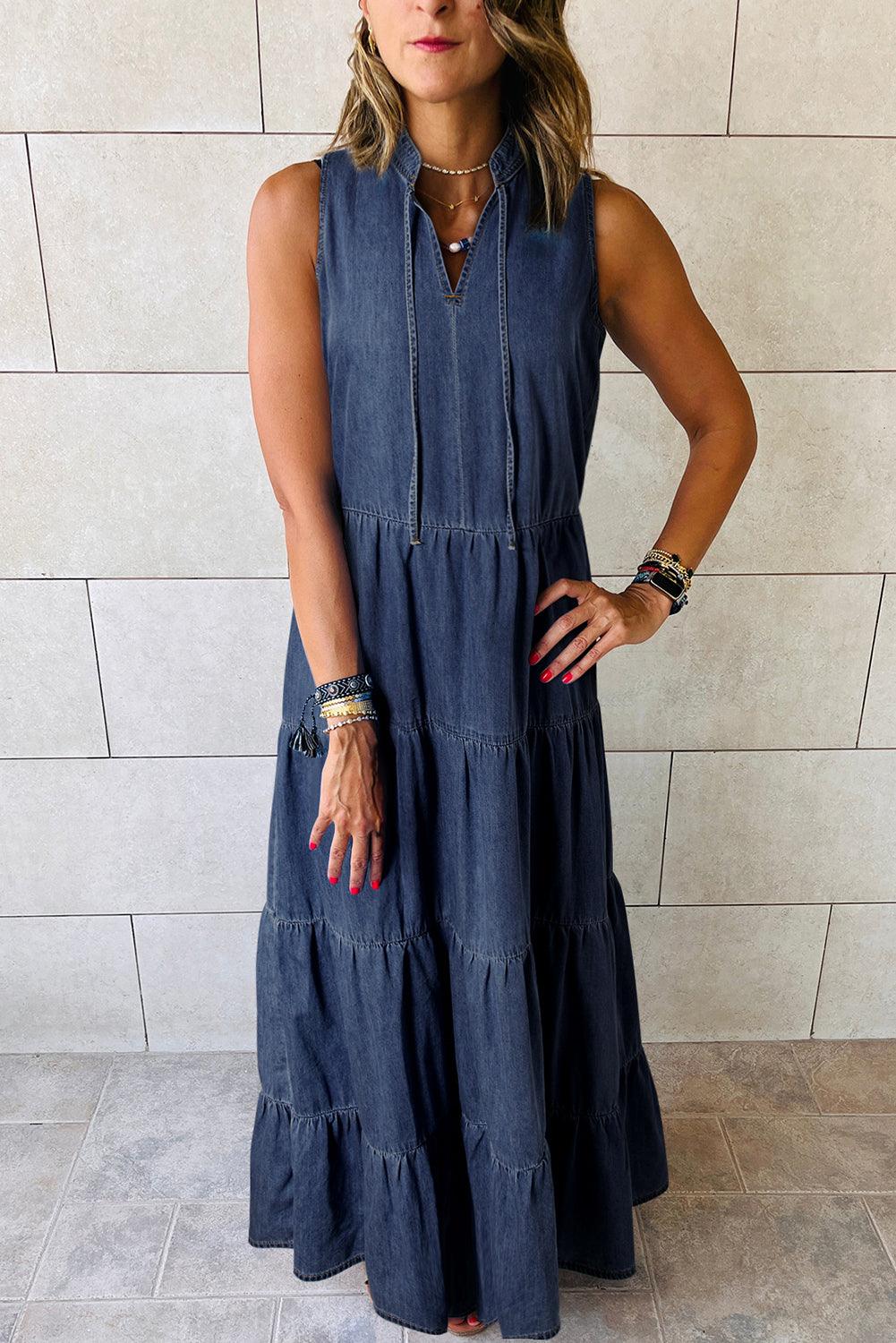 Mouwloze Gelaagde Chambray Maxi-Jurk - Maxi Dresses - Jurkjes.co