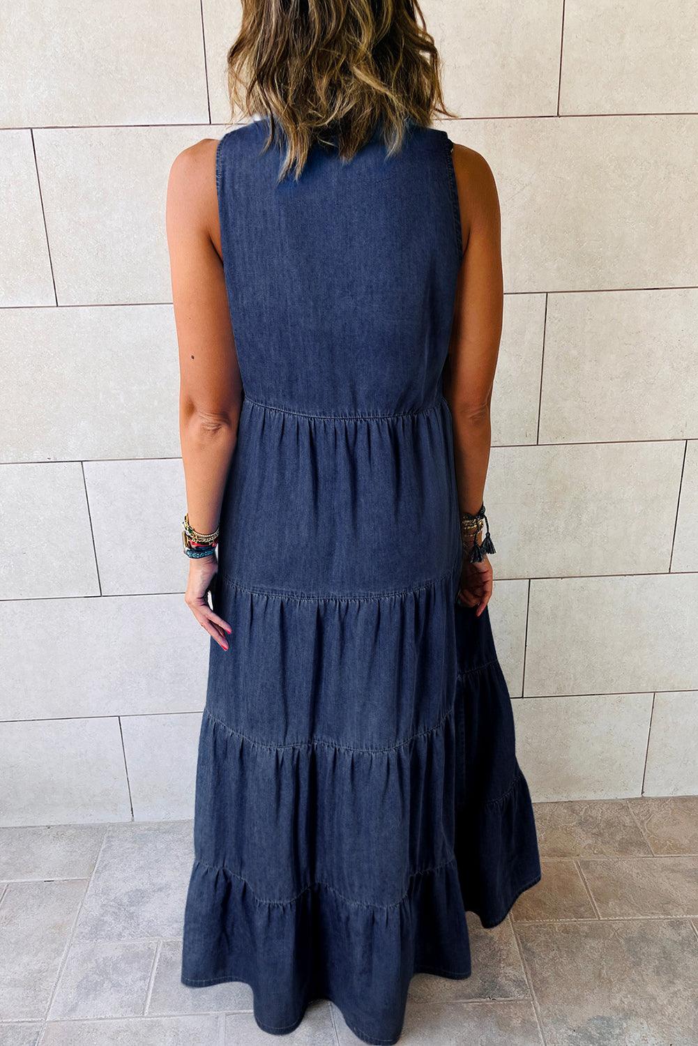 Mouwloze Gelaagde Chambray Maxi-Jurk - Maxi Dresses - Jurkjes.co