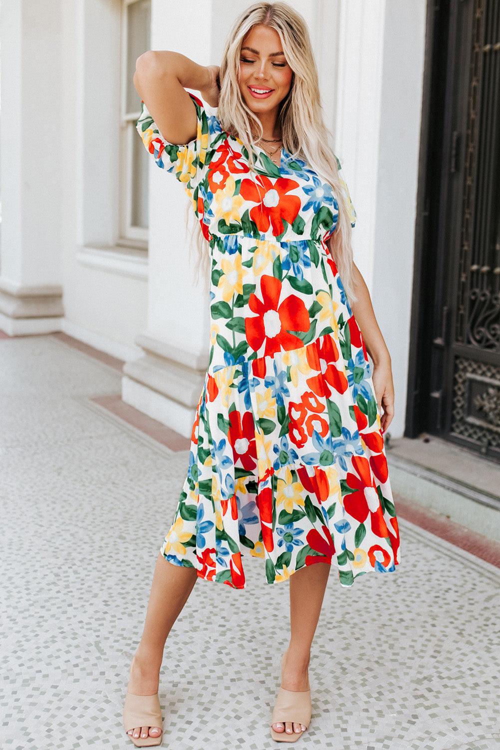 Notch Halslijn Bloemen Midi Jurk - Floral Dresses - Jurkjes.co