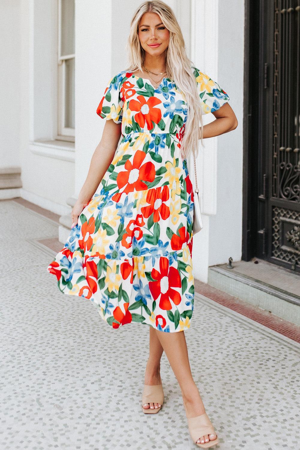 Notch Halslijn Bloemen Midi Jurk - Floral Dresses - Jurkjes.co