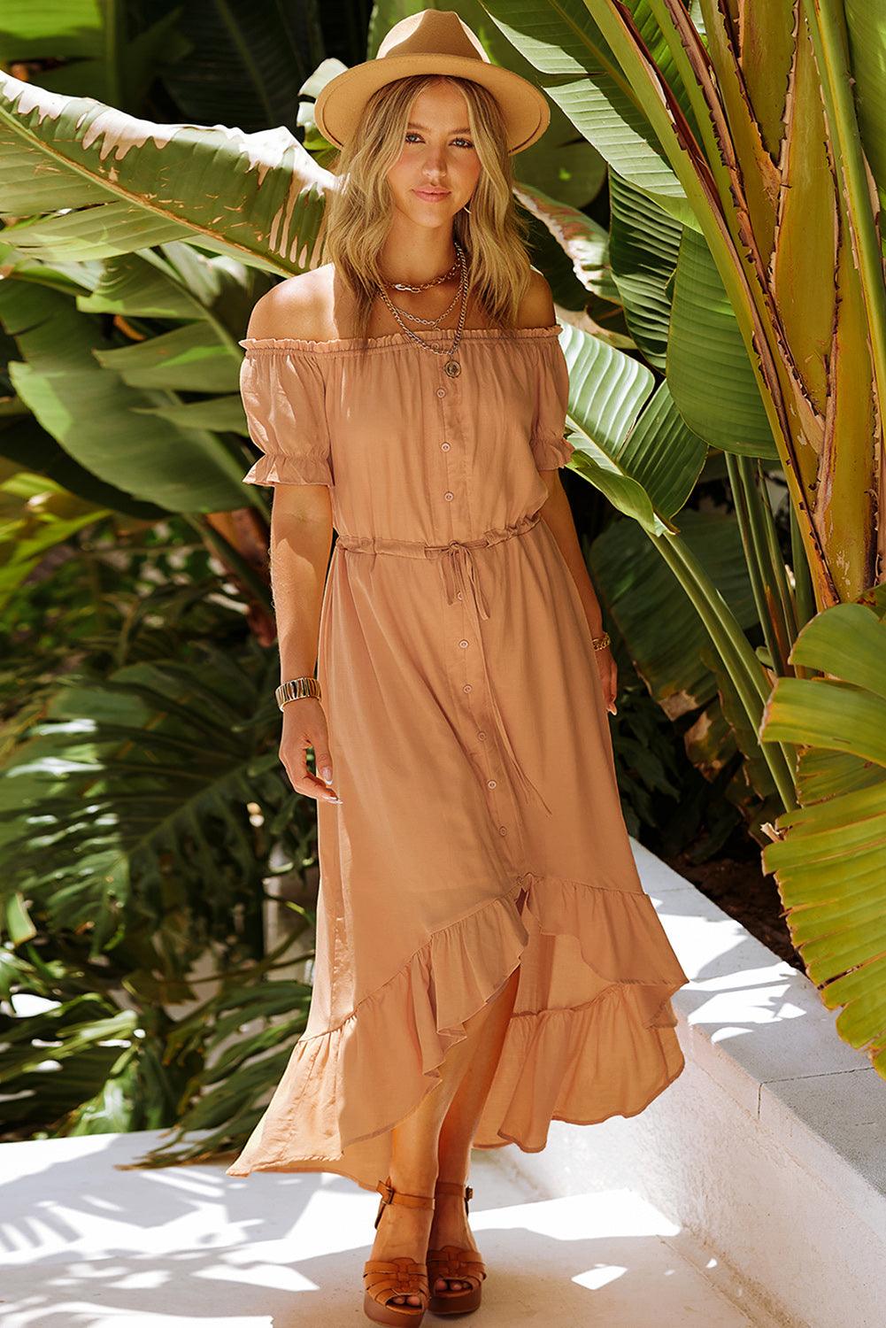 Off-Shoulder Abrikozen Maxi Jurk - Maxi Dresses - Jurkjes.co