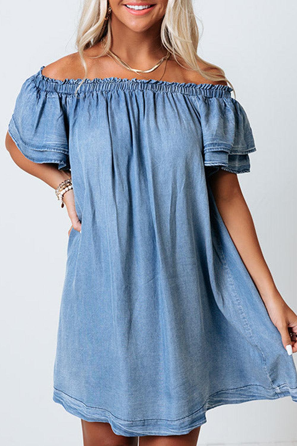 Off-Shoulder Chambray Jurk met Ruches - Mini Dresses - Jurkjes.co