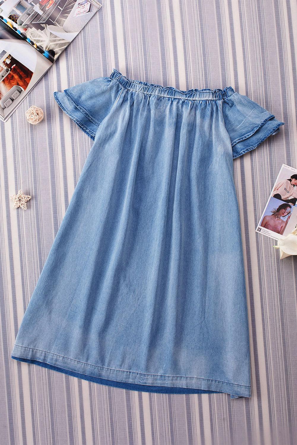 Off-Shoulder Chambray Jurk met Ruches - Mini Dresses - Jurkjes.co