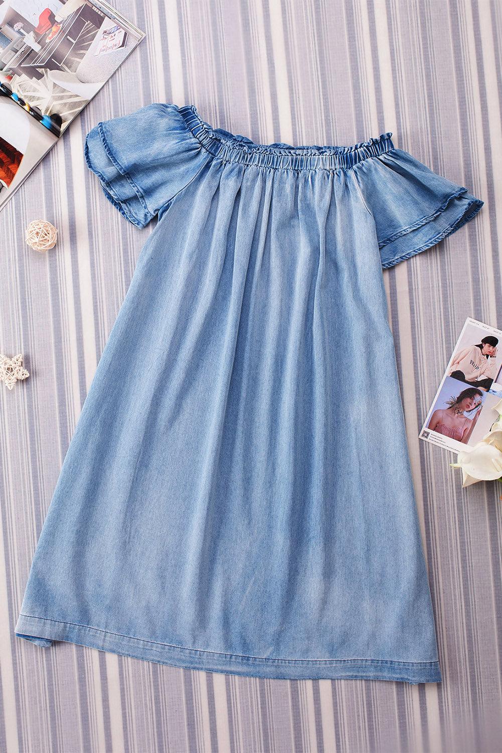 Off-Shoulder Chambray Jurk met Ruches - Mini Dresses - Jurkjes.co