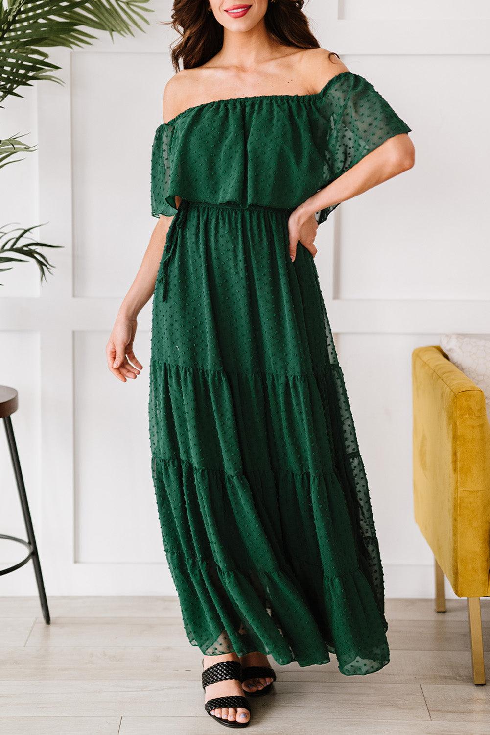 Off-Shoulder Maxi Jurk met Zwitserse Stip - Maxi Dresses - Jurkjes.co