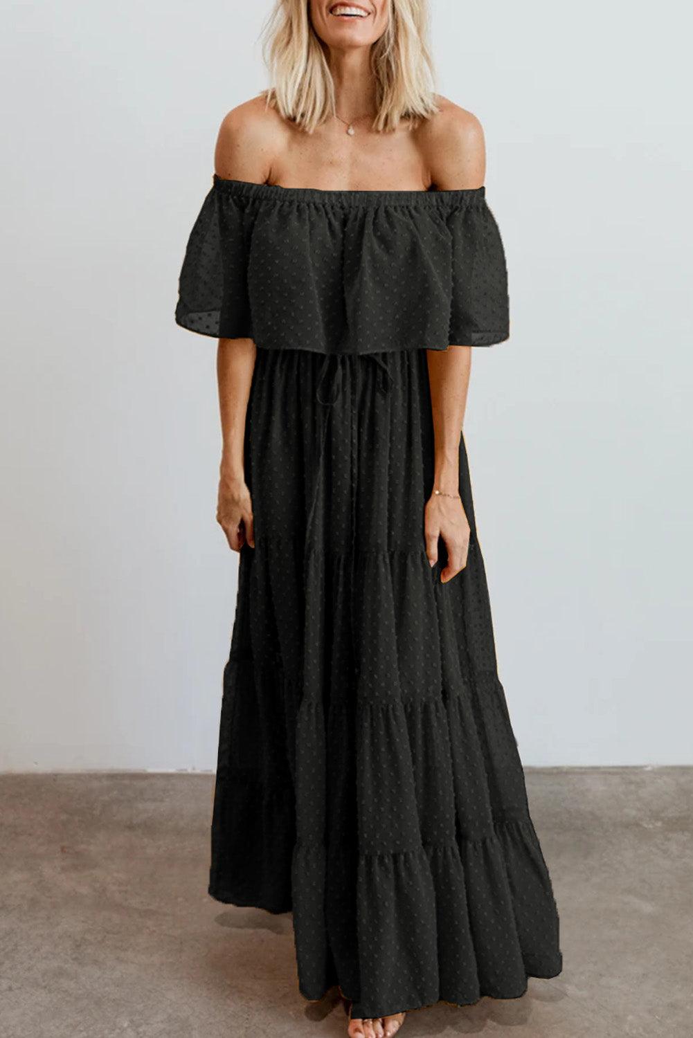 Off-Shoulder Maxi Jurk met Zwitserse Stip - Maxi Dresses - Jurkjes.co