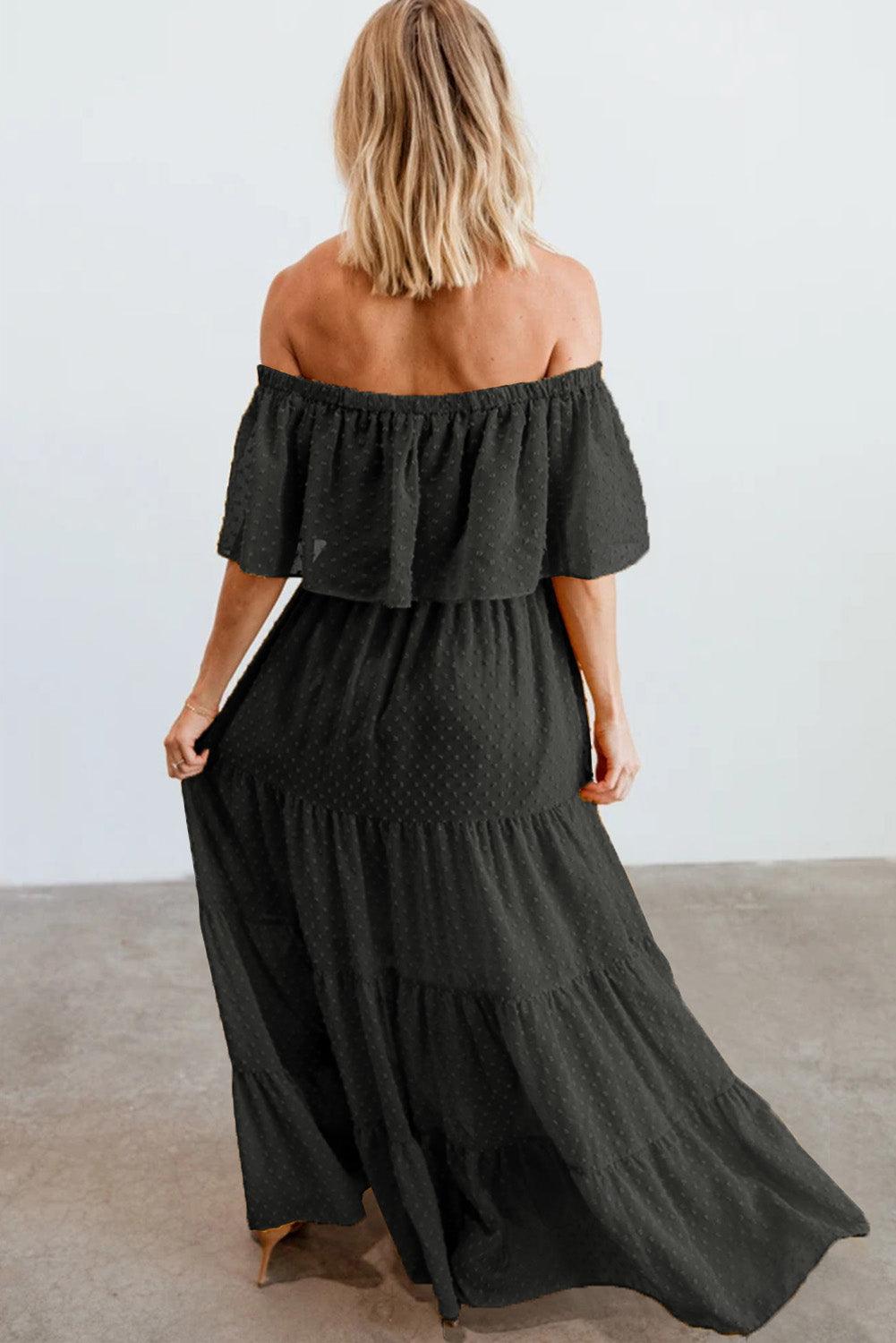 Off-Shoulder Maxi Jurk met Zwitserse Stip - Maxi Dresses - Jurkjes.co