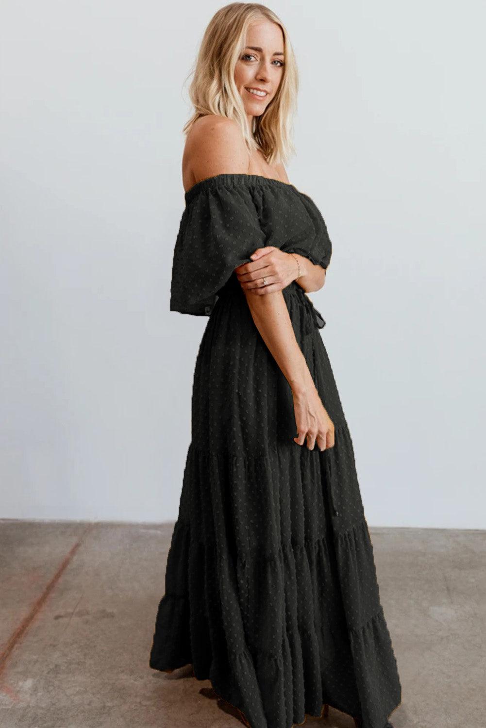 Off-Shoulder Maxi Jurk met Zwitserse Stip - Maxi Dresses - Jurkjes.co