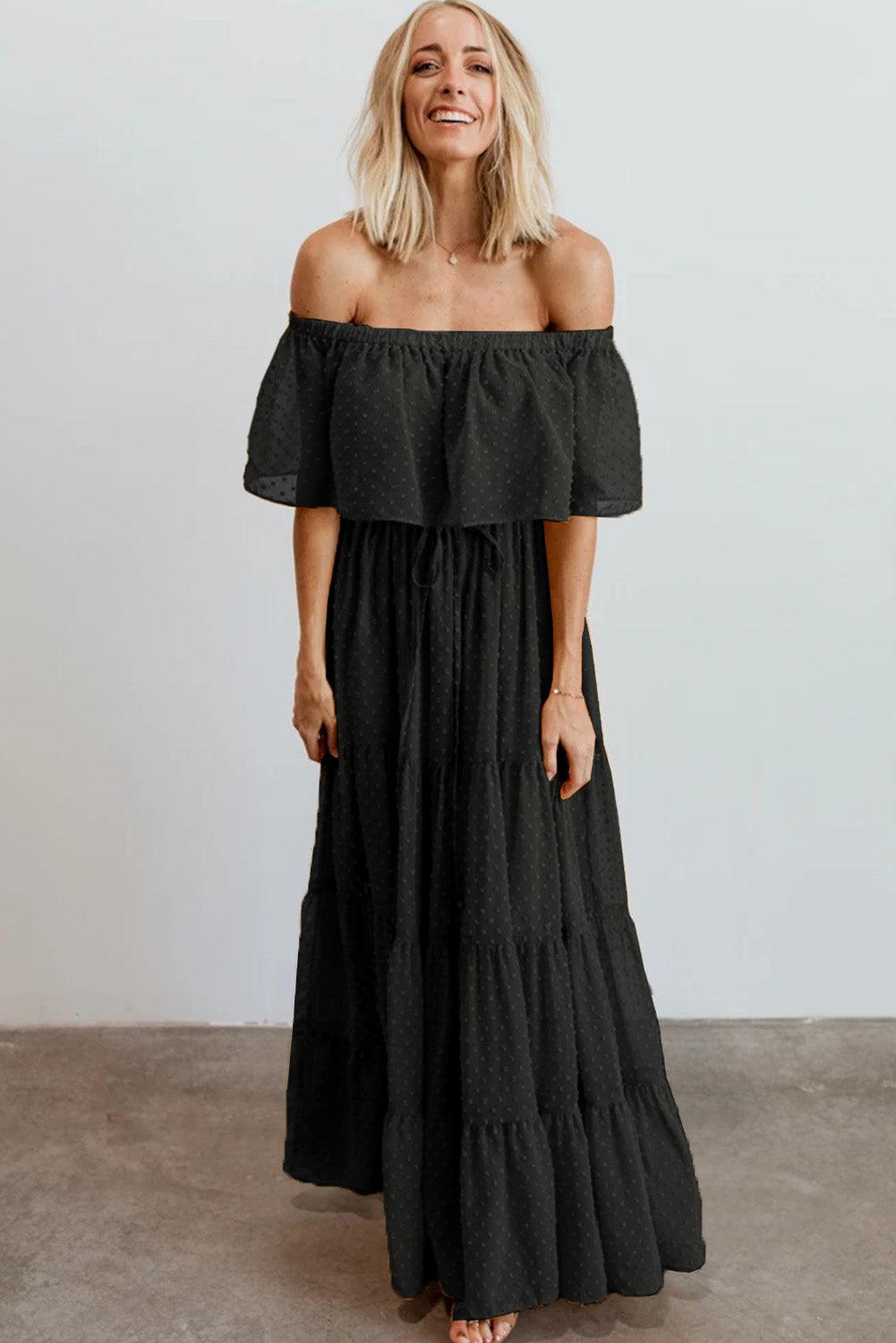 Off-Shoulder Maxi Jurk met Zwitserse Stip - Maxi Dresses - Jurkjes.co