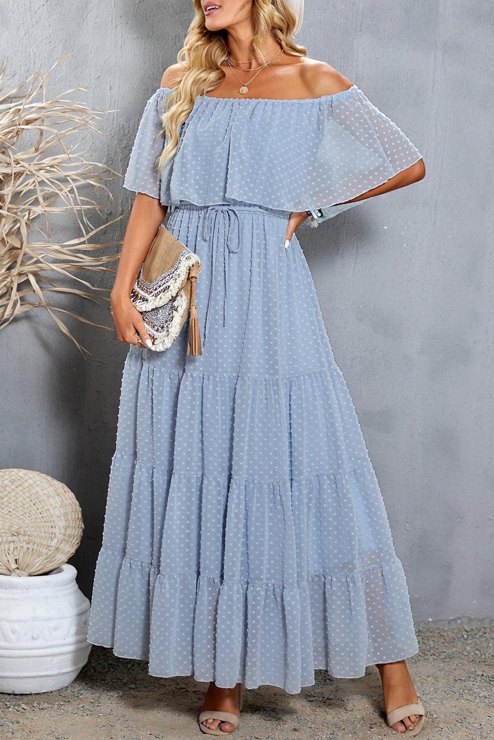 Off-Shoulder Maxi Jurk met Zwitserse Stip - Maxi Dresses - Jurkjes.co