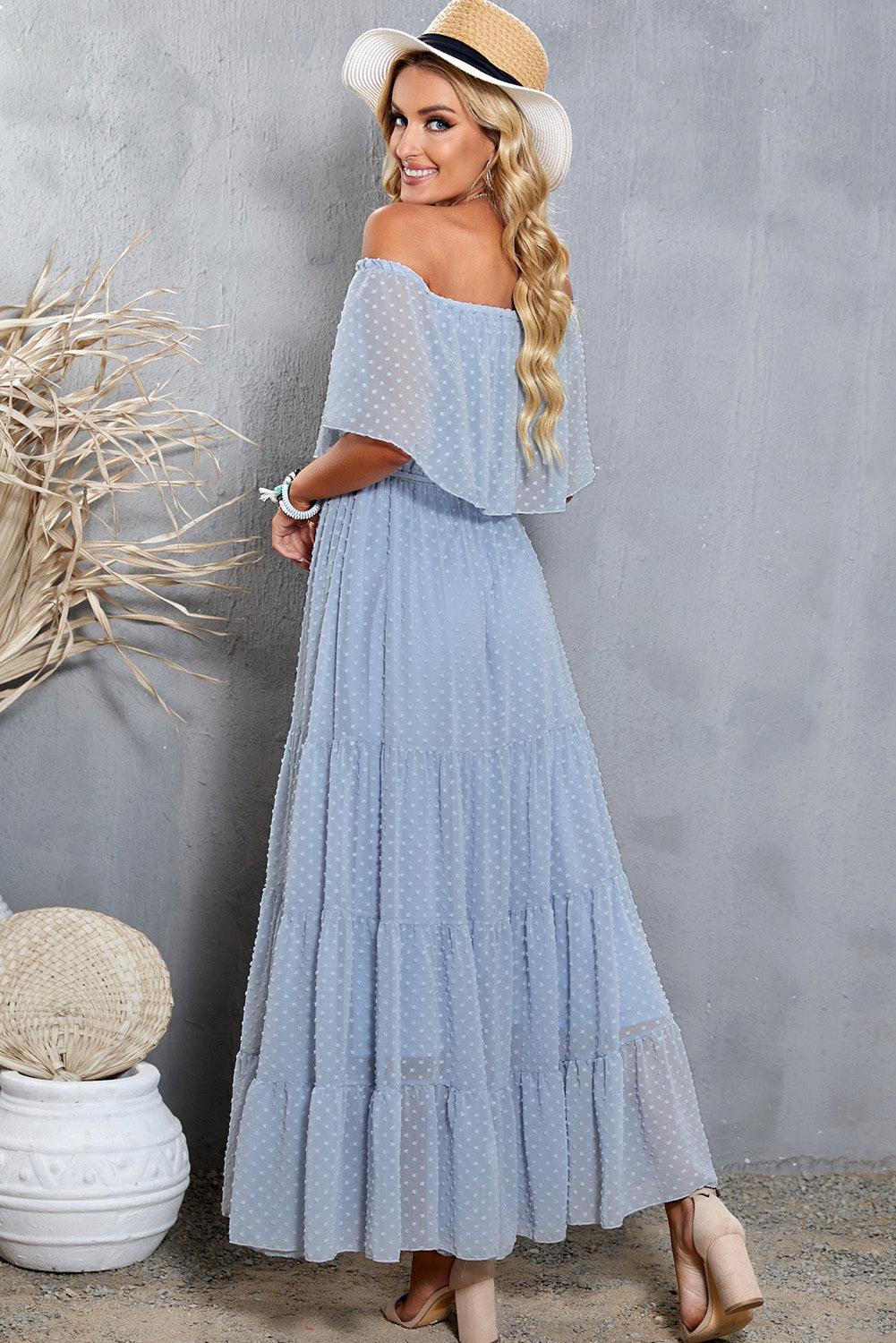 Off-Shoulder Maxi Jurk met Zwitserse Stip - Maxi Dresses - Jurkjes.co