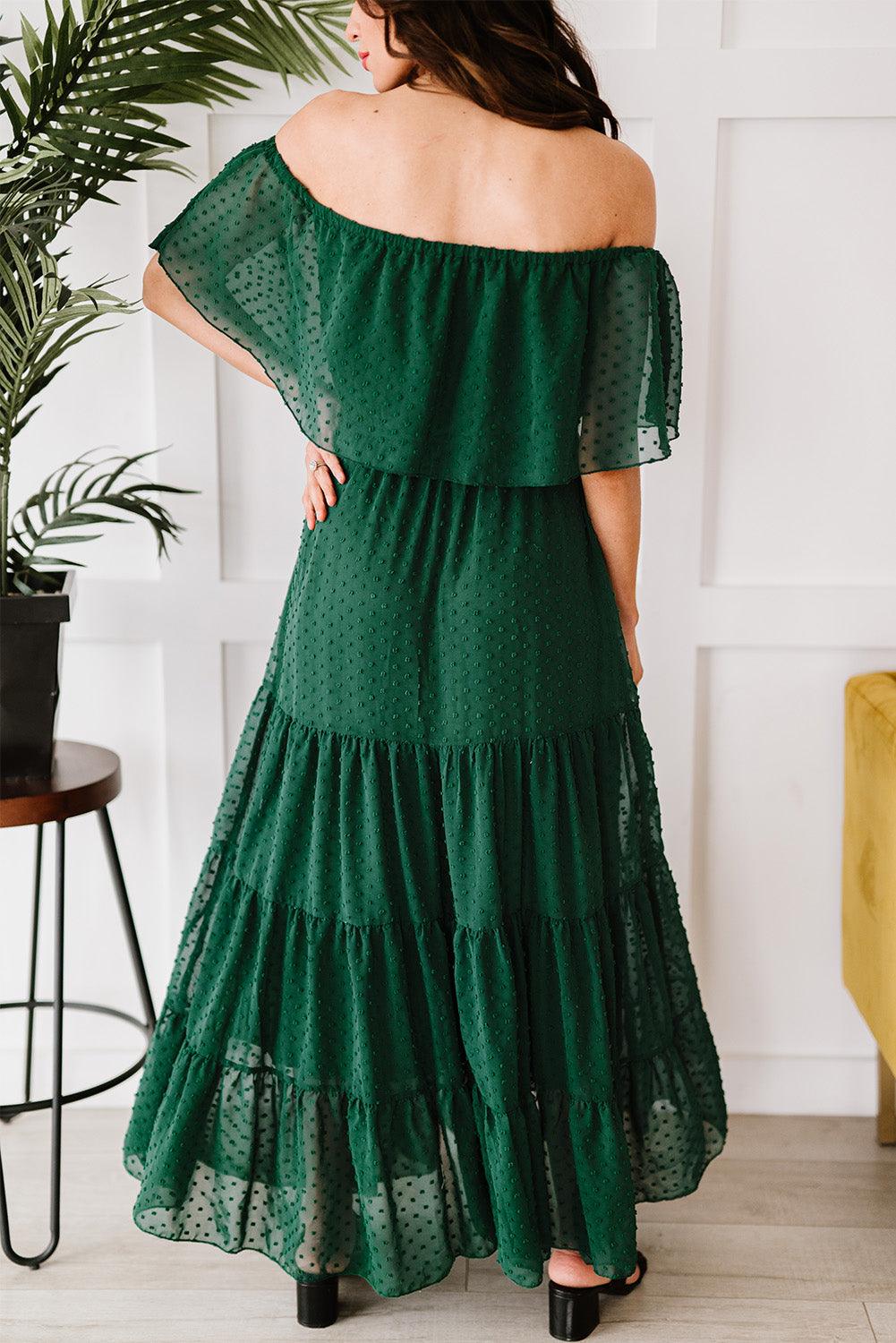 Off-Shoulder Maxi Jurk met Zwitserse Stip - Maxi Dresses - Jurkjes.co