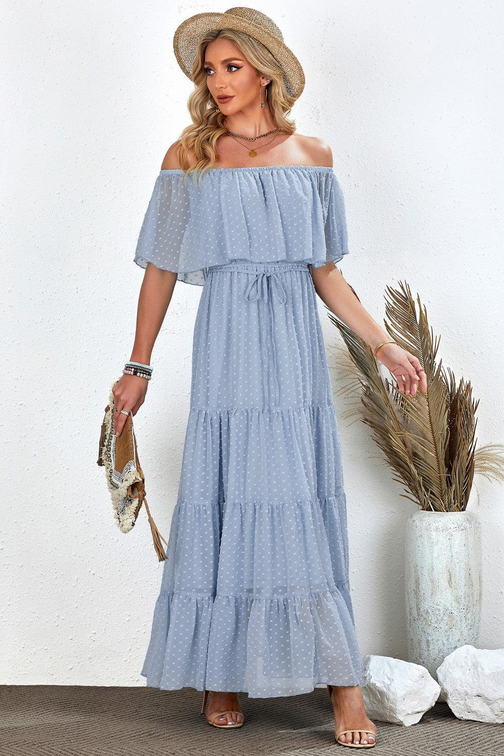 Off-Shoulder Maxi Jurk met Zwitserse Stip - Maxi Dresses - Jurkjes.co