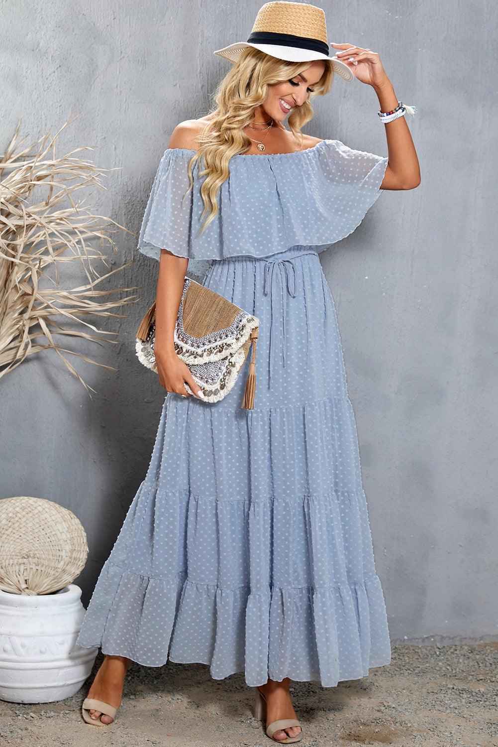 Off-Shoulder Maxi Jurk met Zwitserse Stip - Maxi Dresses - Jurkjes.co