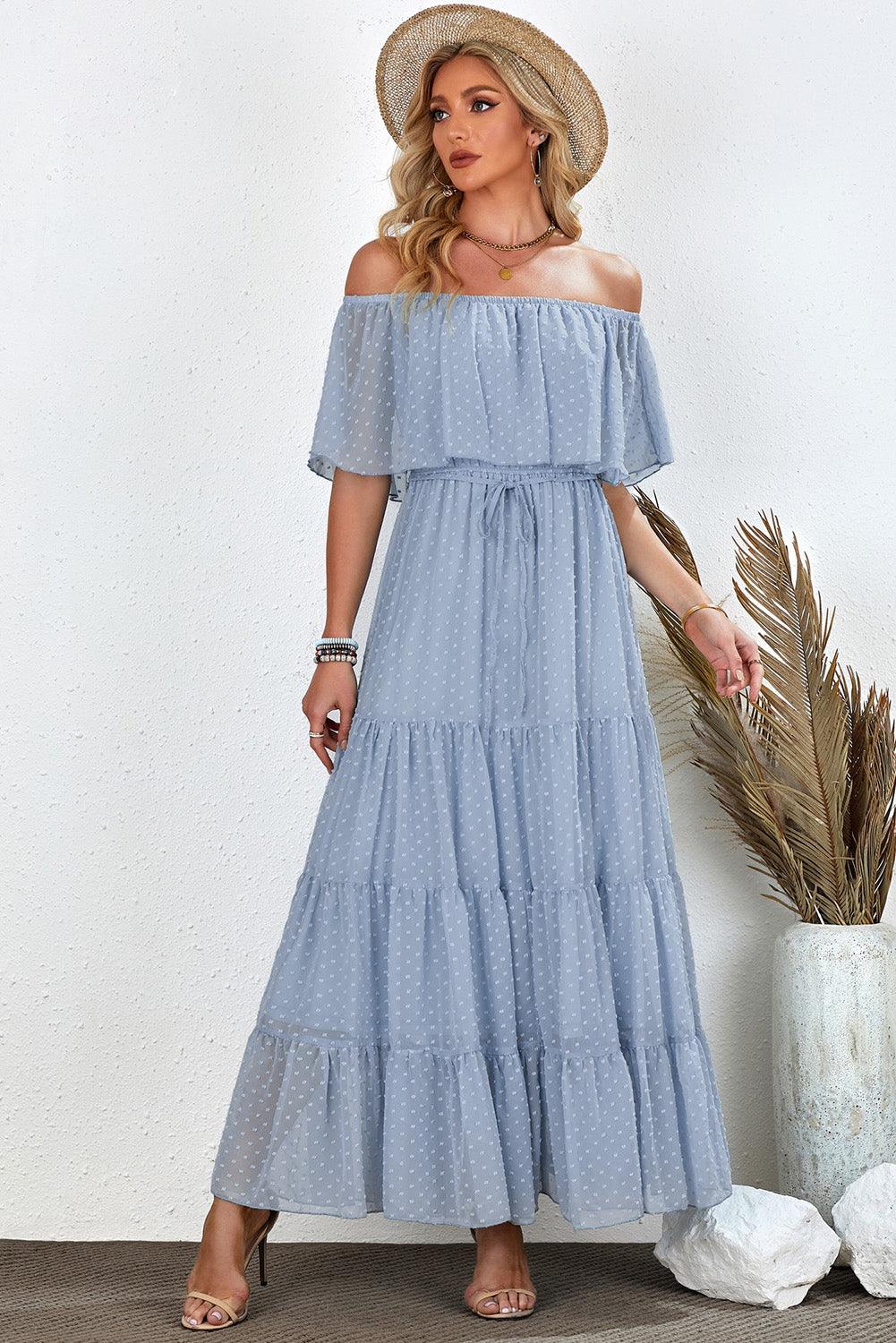 Off-Shoulder Maxi Jurk met Zwitserse Stip - Maxi Dresses - Jurkjes.co