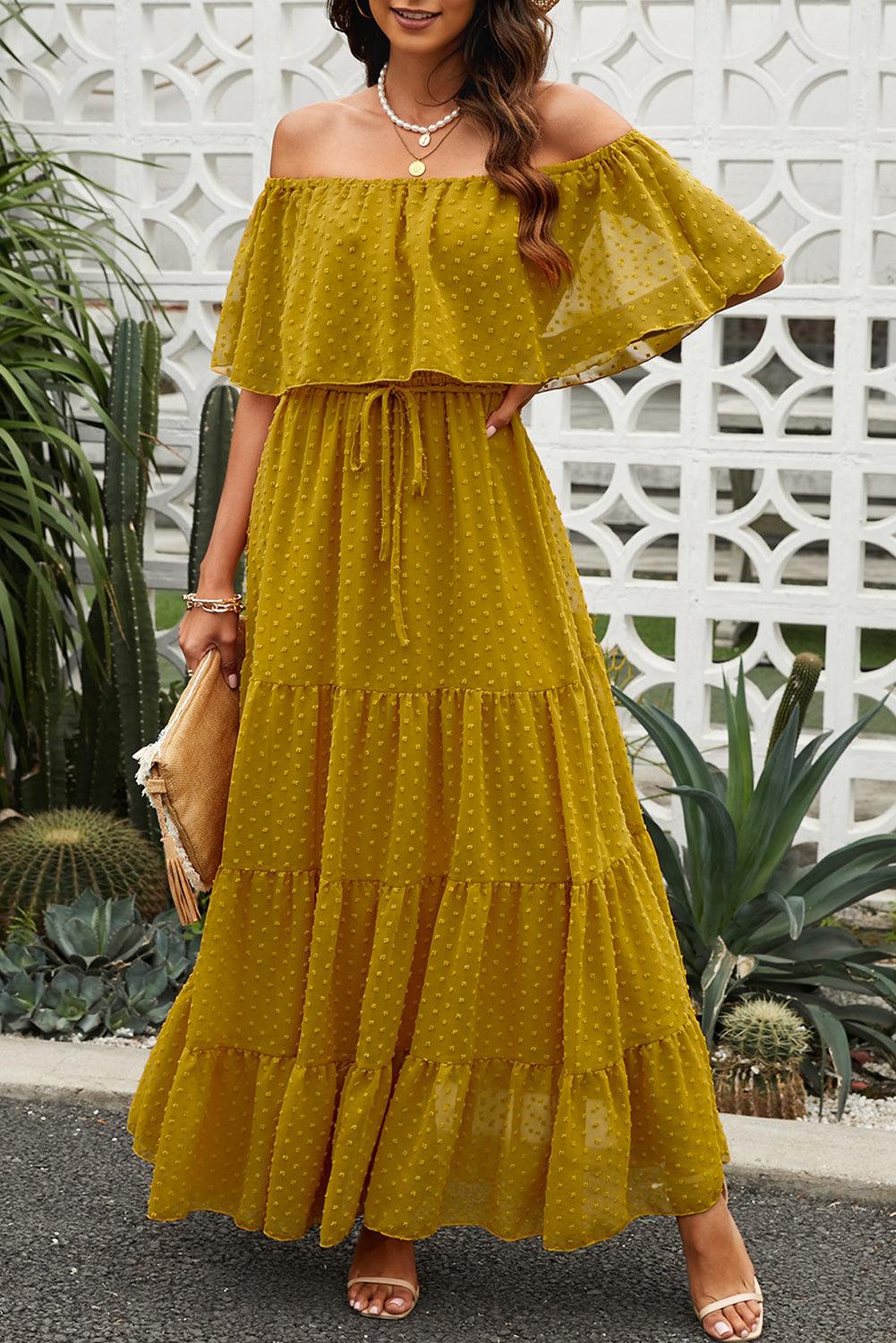 Off-Shoulder Maxi Jurk met Zwitserse Stip - Maxi Dresses - Jurkjes.co