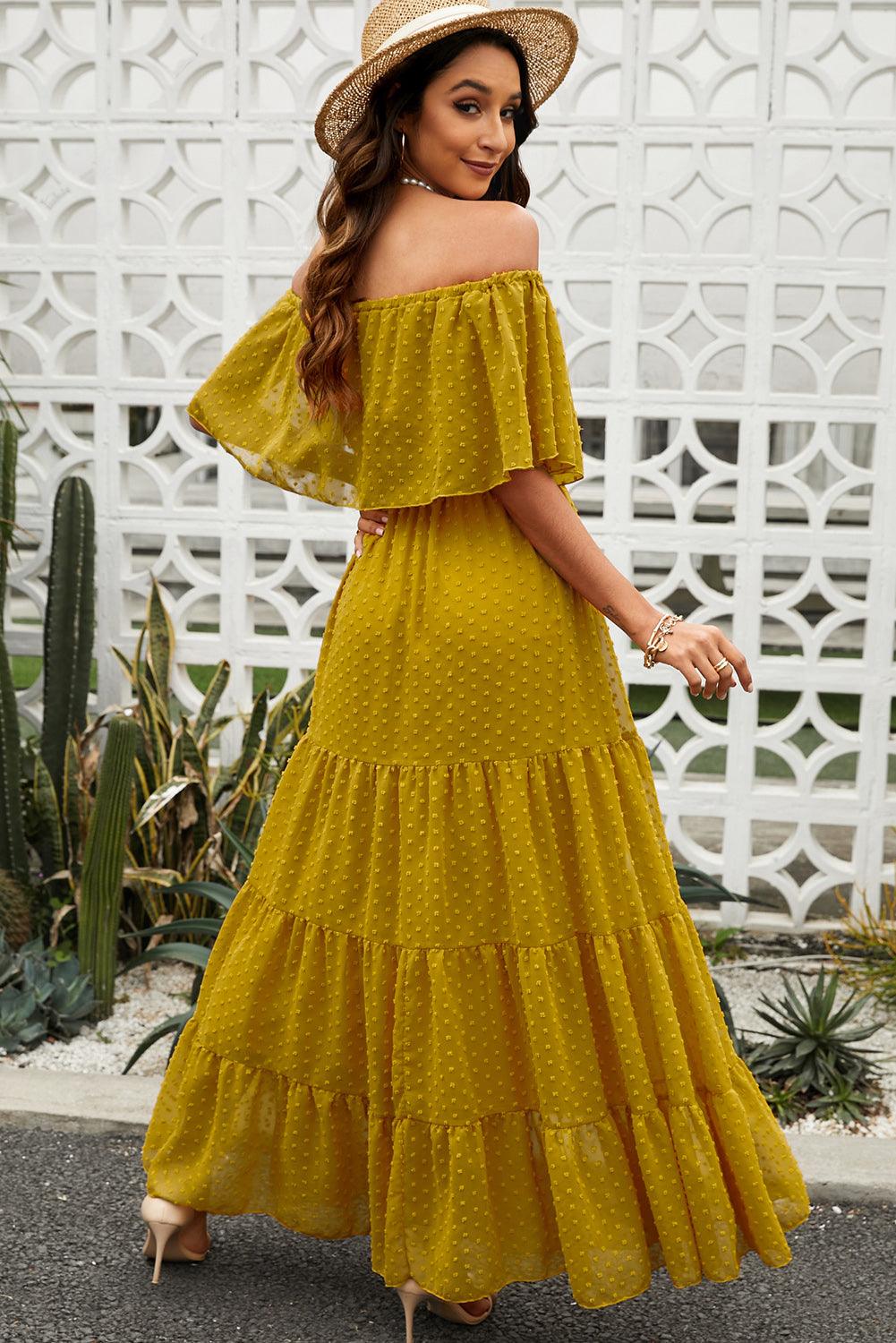 Off-Shoulder Maxi Jurk met Zwitserse Stip - Maxi Dresses - Jurkjes.co