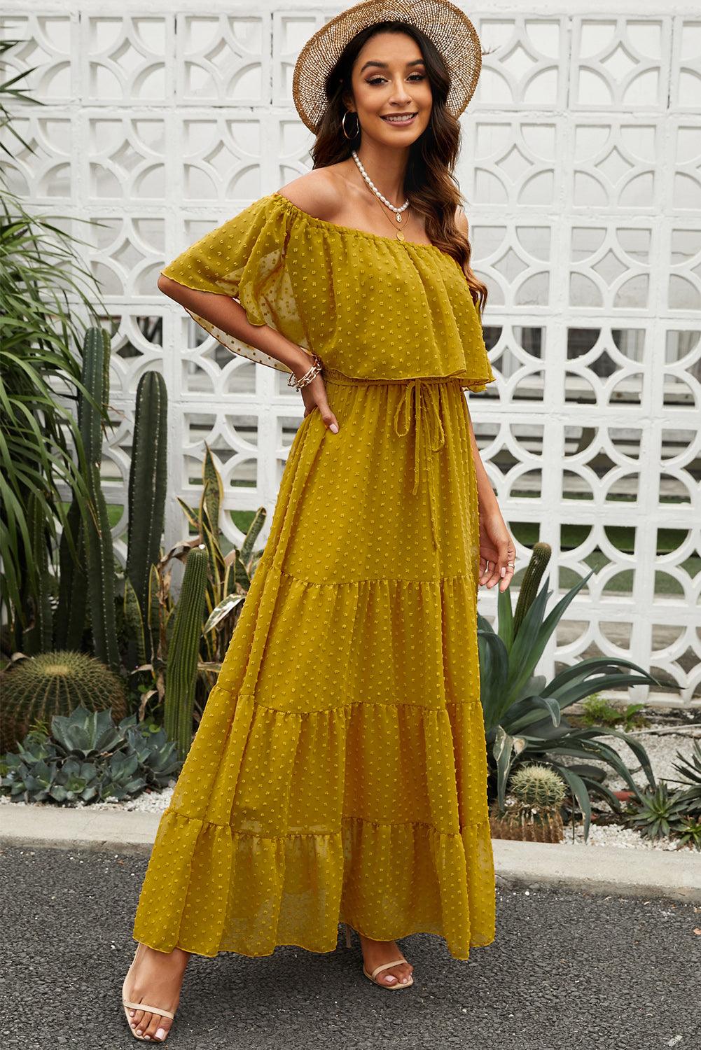 Off-Shoulder Maxi Jurk met Zwitserse Stip - Maxi Dresses - Jurkjes.co