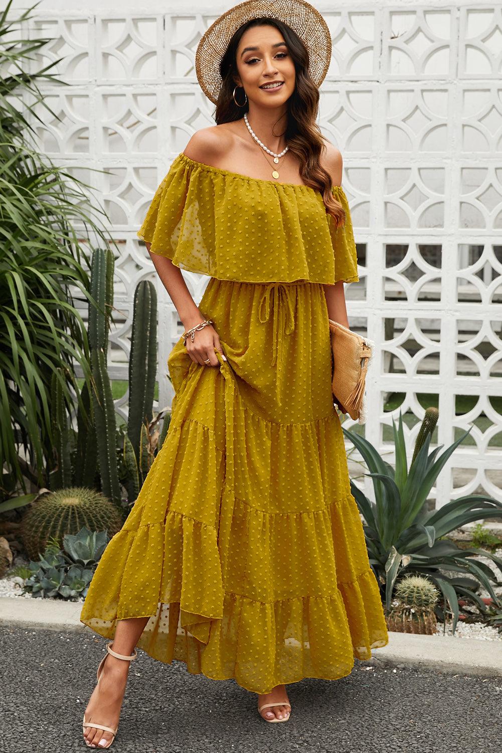 Off-Shoulder Maxi Jurk met Zwitserse Stip - Maxi Dresses - Jurkjes.co