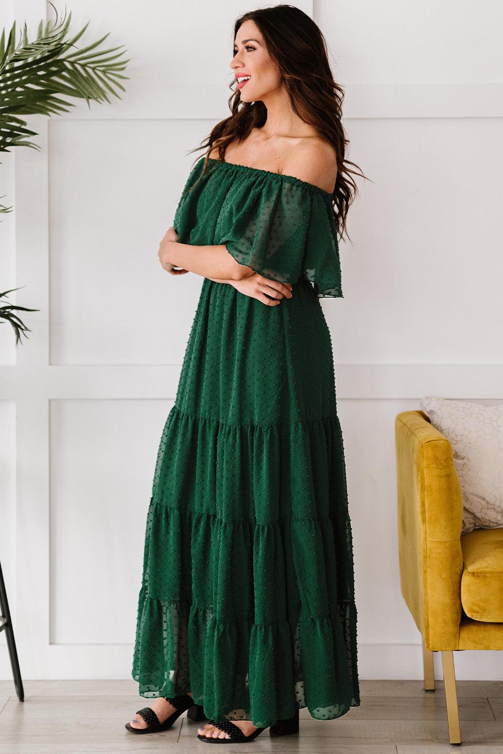 Off-Shoulder Maxi Jurk met Zwitserse Stip - Maxi Dresses - Jurkjes.co