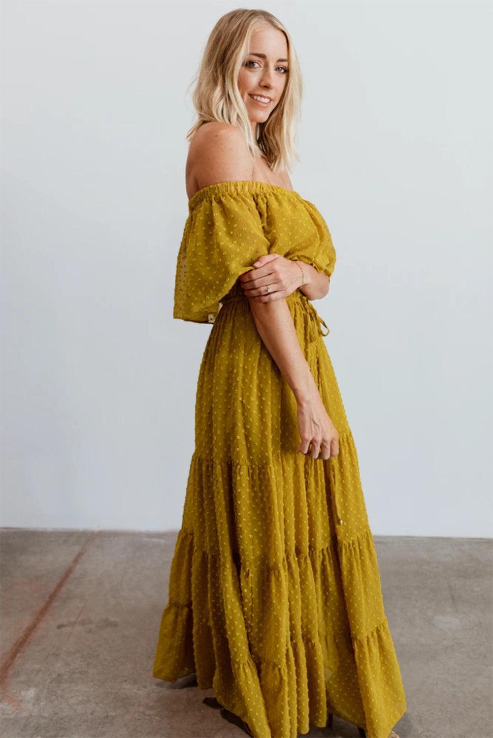 Off-Shoulder Maxi Jurk met Zwitserse Stip - Maxi Dresses - Jurkjes.co