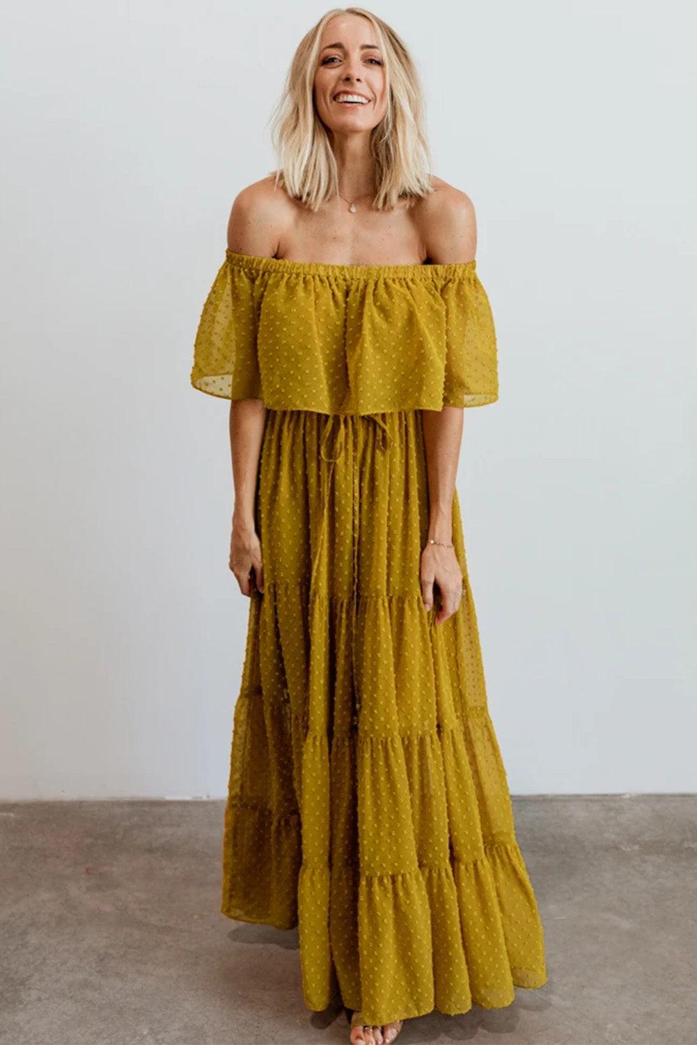 Off-Shoulder Maxi Jurk met Zwitserse Stip - Maxi Dresses - Jurkjes.co