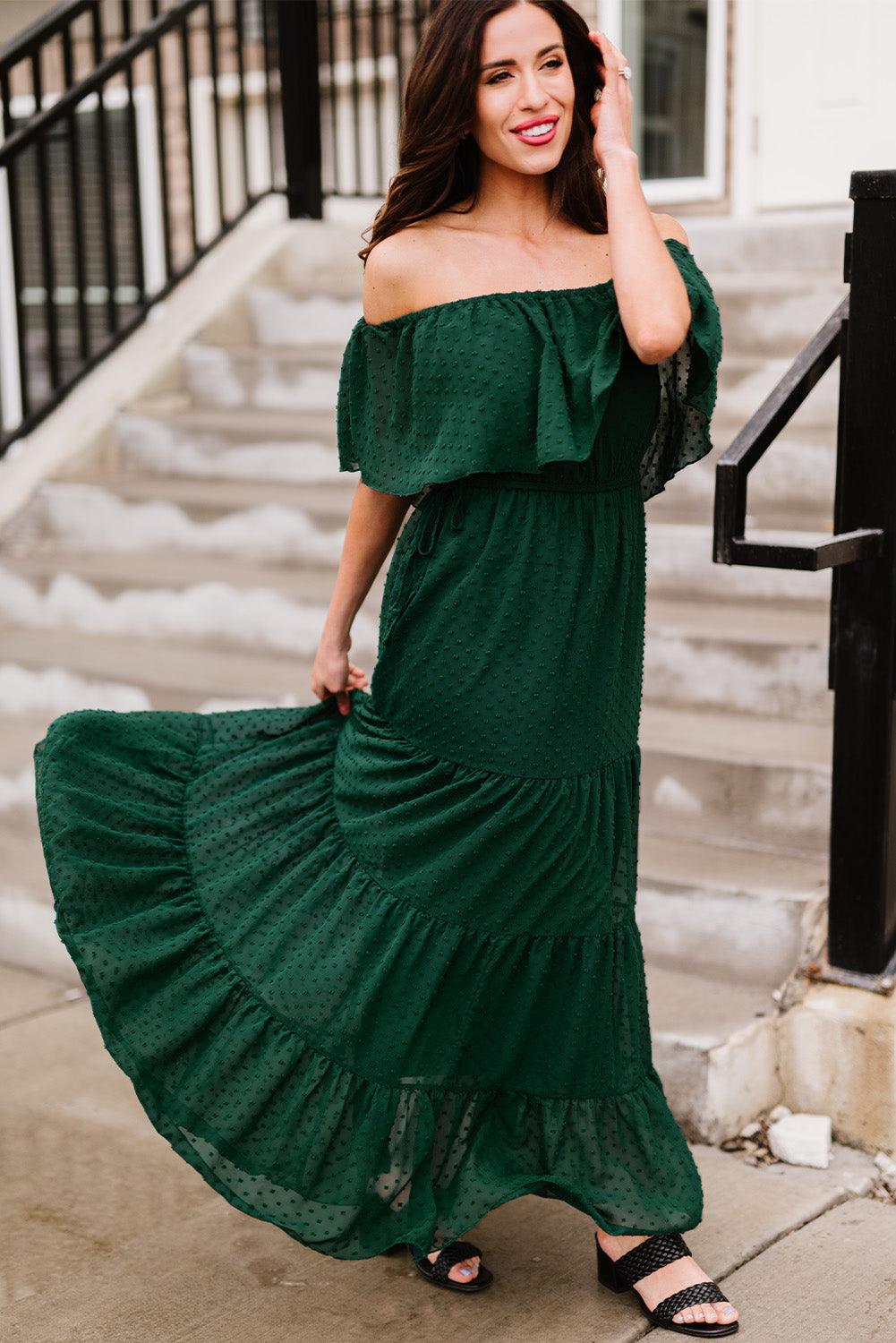 Off-Shoulder Maxi Jurk met Zwitserse Stip - Maxi Dresses - Jurkjes.co