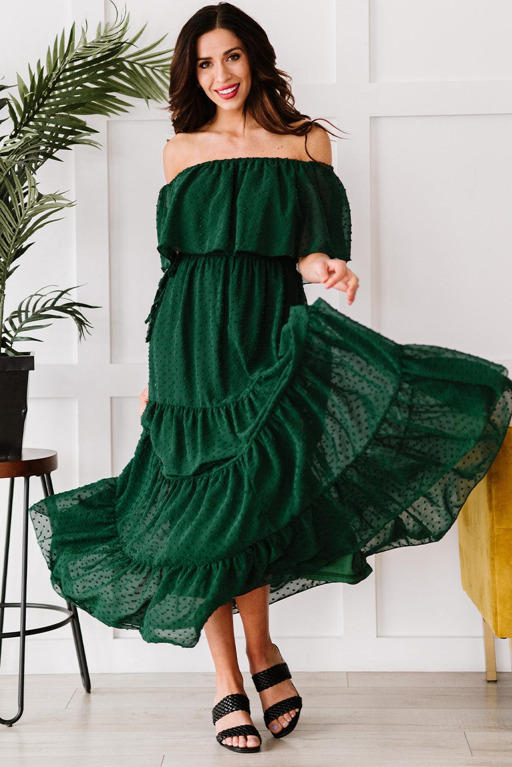 Off-Shoulder Maxi Jurk met Zwitserse Stip - Maxi Dresses - Jurkjes.co