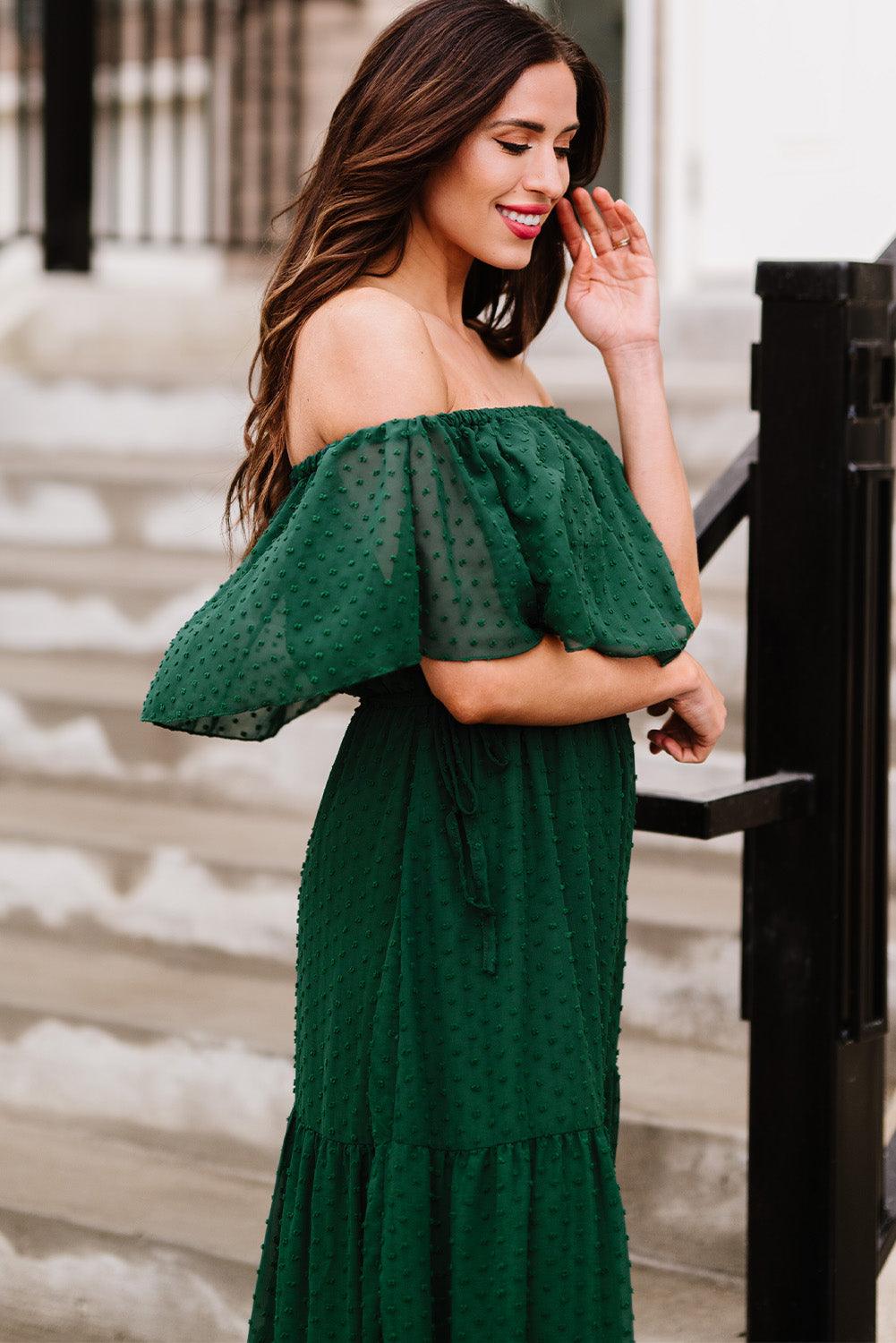 Off-Shoulder Maxi Jurk met Zwitserse Stip - Maxi Dresses - Jurkjes.co