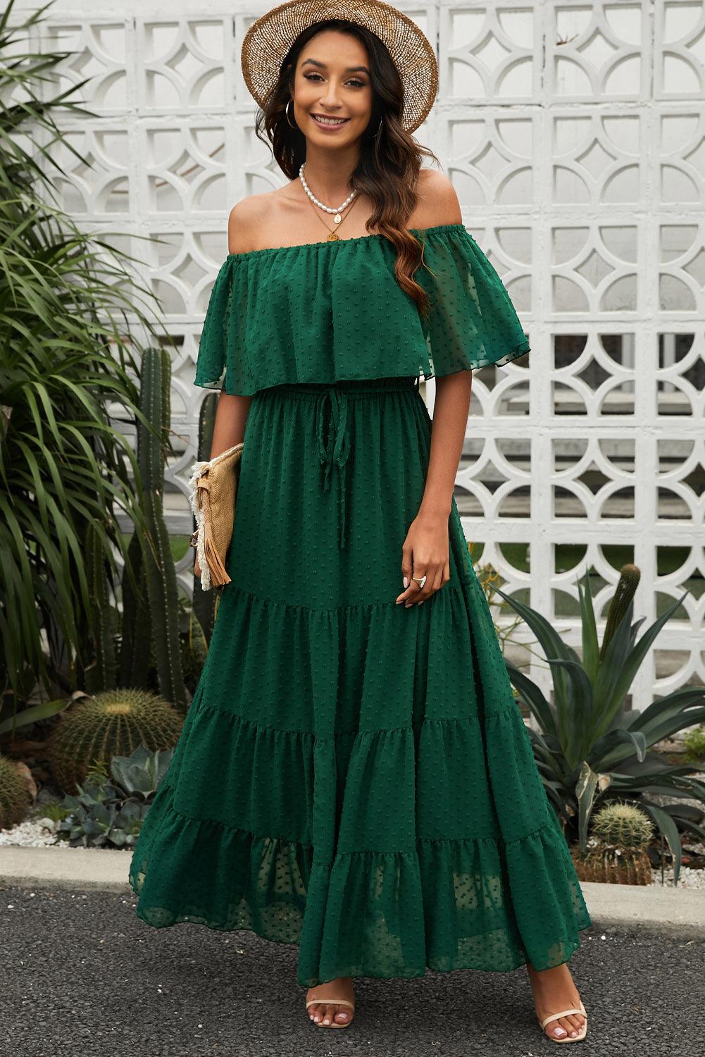 Off-Shoulder Maxi Jurk met Zwitserse Stip - Maxi Dresses - Jurkjes.co