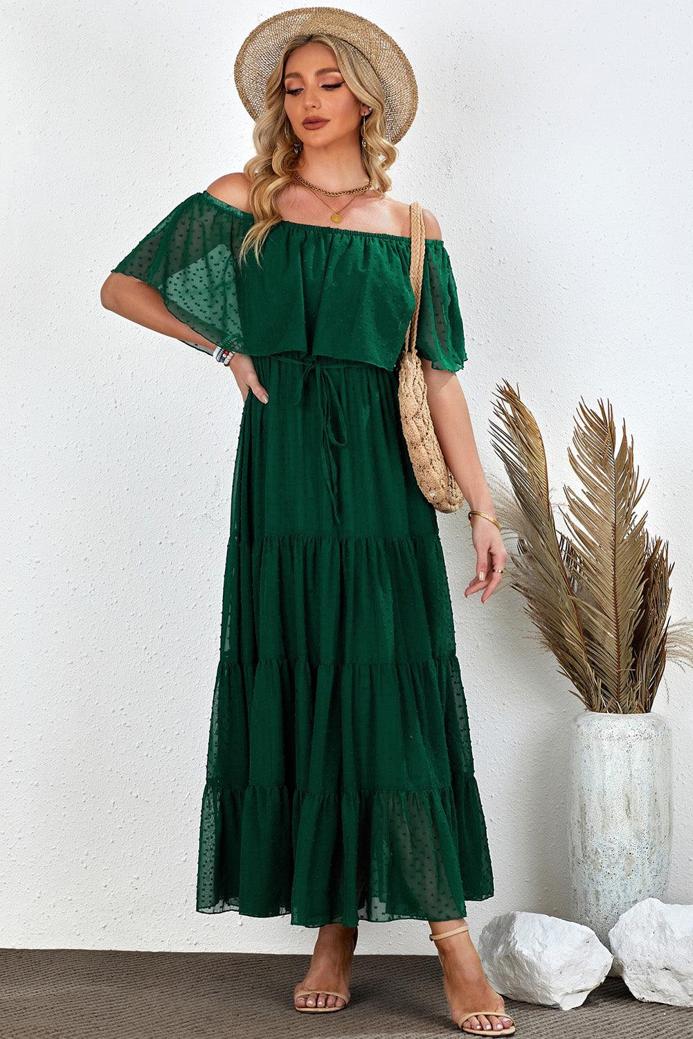 Off-Shoulder Maxi Jurk met Zwitserse Stip - Maxi Dresses - Jurkjes.co