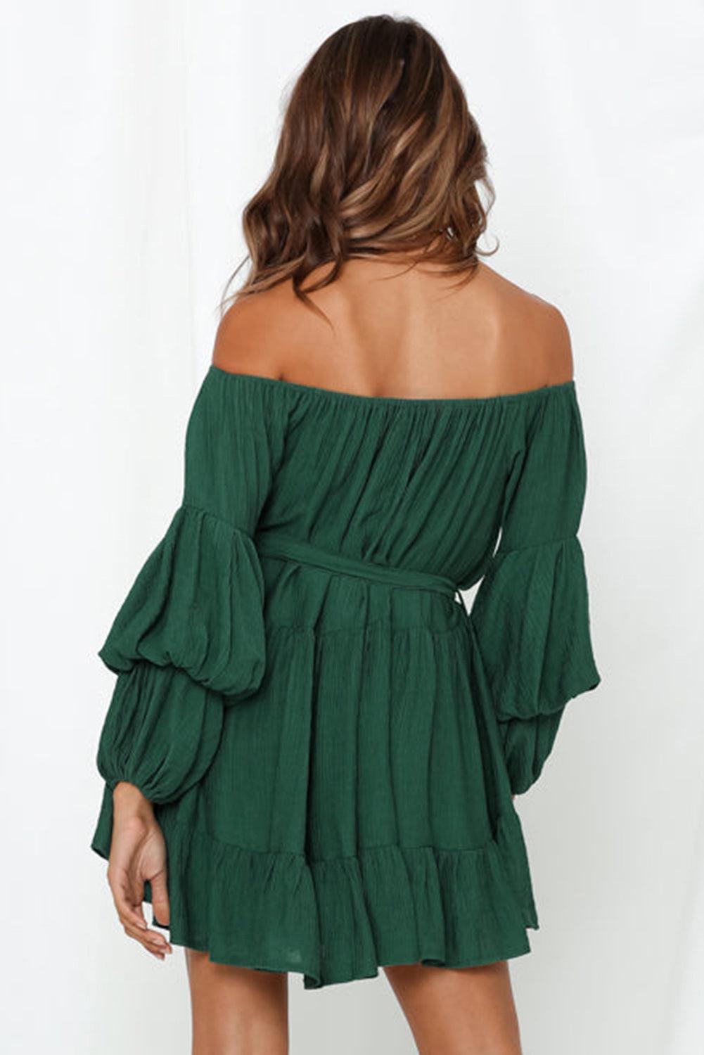 Off-Shoulder Ruches Jurk met Bubbelmouwen - Mini Dresses - Jurkjes.co