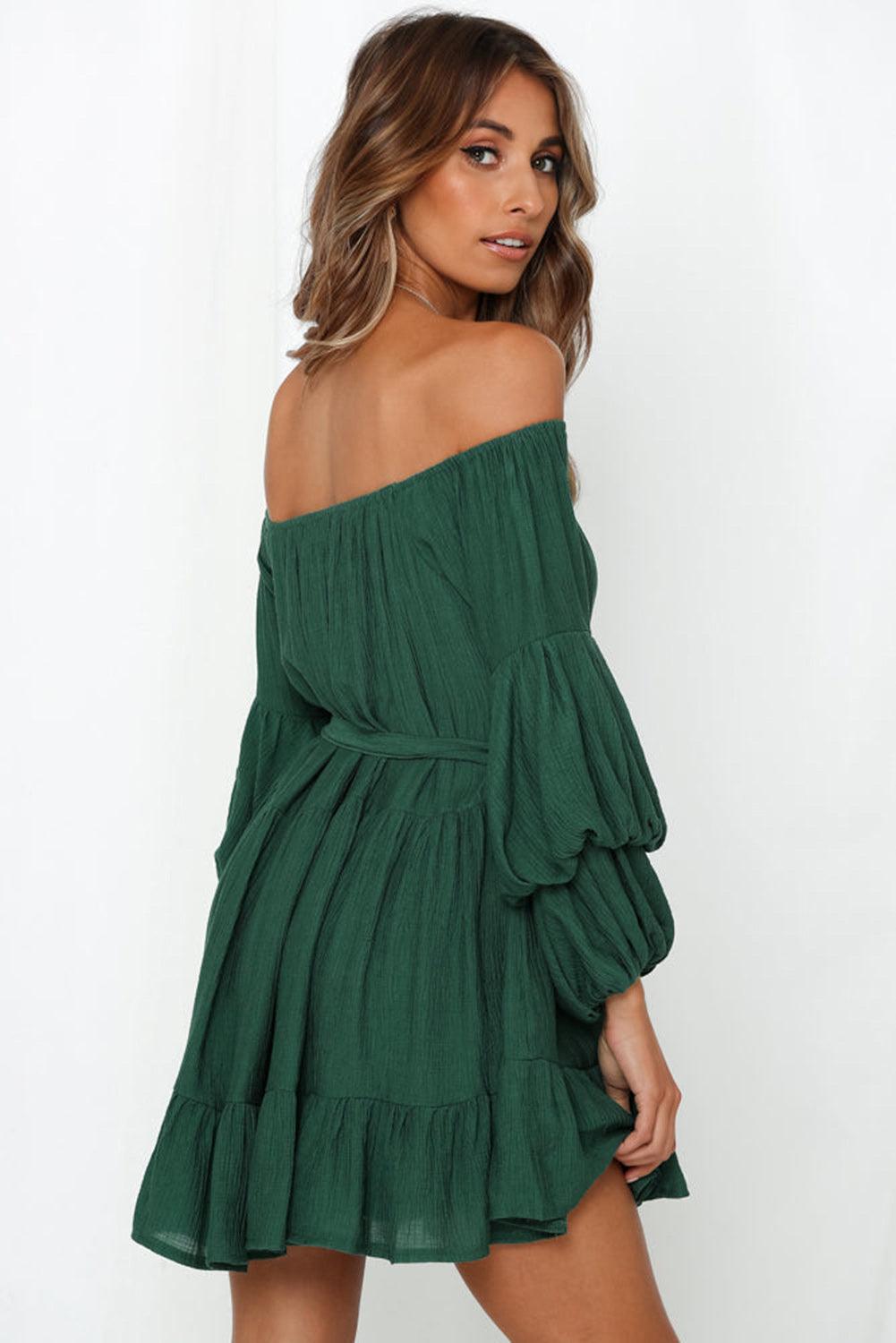 Off-Shoulder Ruches Jurk met Bubbelmouwen - Mini Dresses - Jurkjes.co