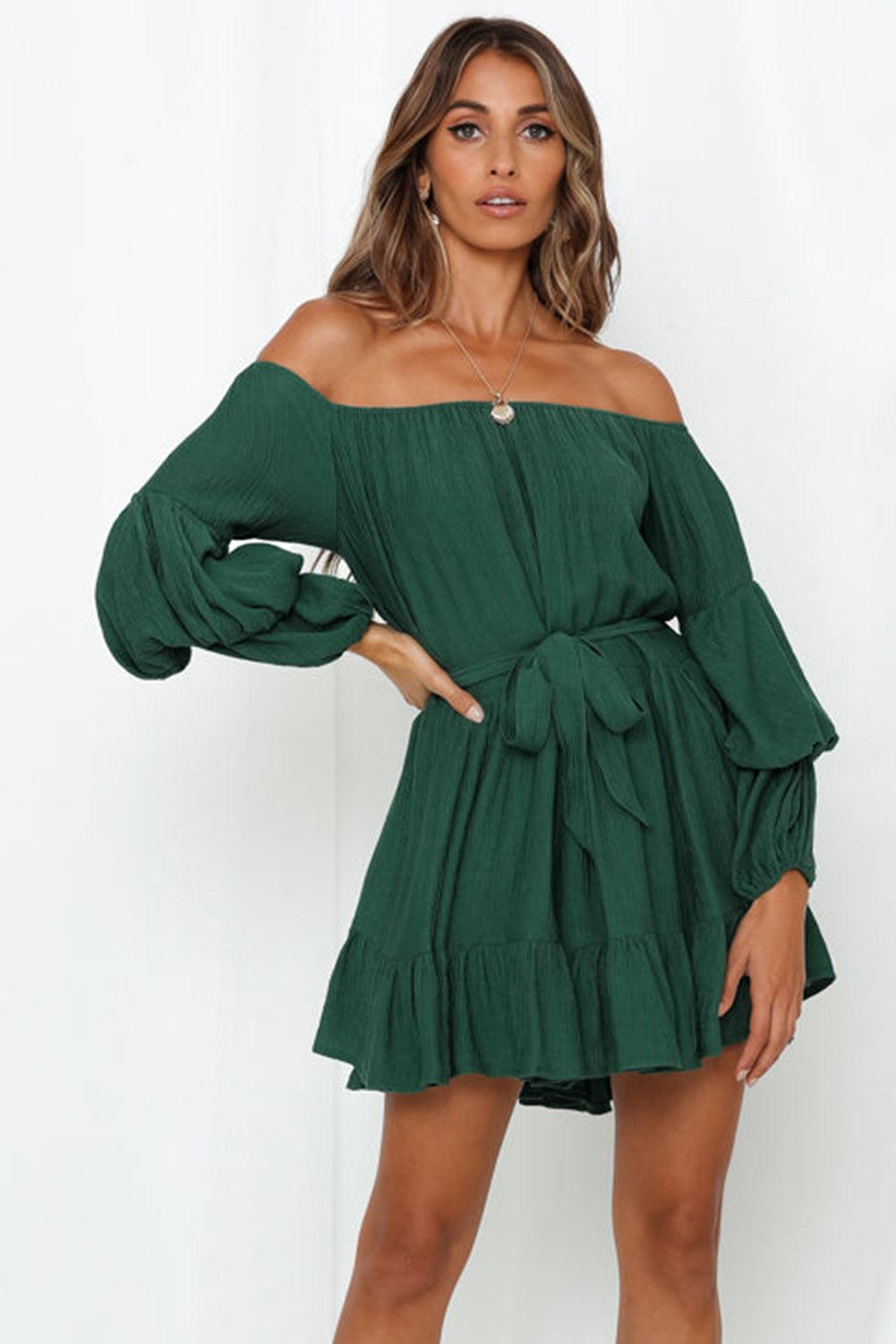 Off-Shoulder Ruches Jurk met Bubbelmouwen - Mini Dresses - Jurkjes.co