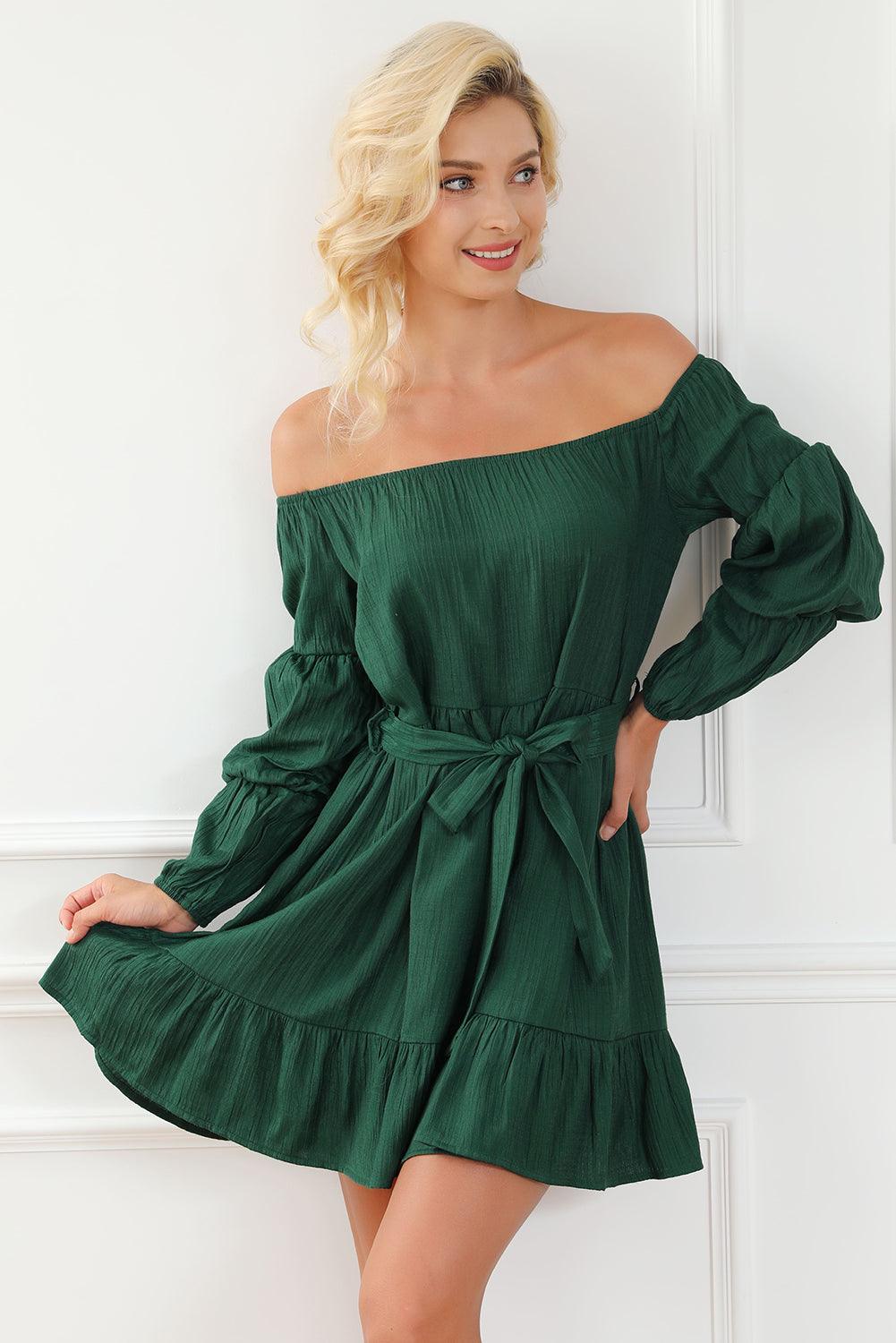 Off-Shoulder Ruches Jurk met Bubbelmouwen - Mini Dresses - Jurkjes.co