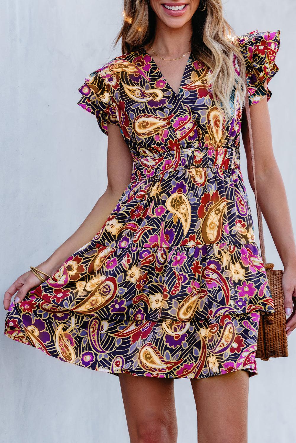 Paisley Print Ruches Jurk met Mouwtjes - Floral Dresses - Jurkjes.co