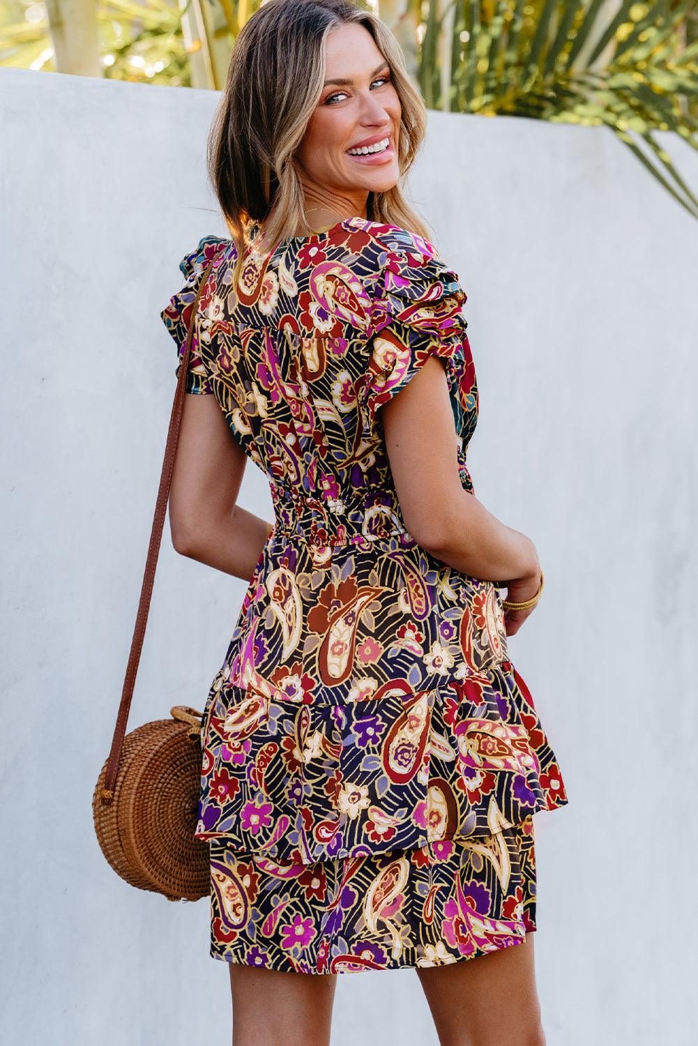 Paisley Print Ruches Jurk met Mouwtjes - Floral Dresses - Jurkjes.co