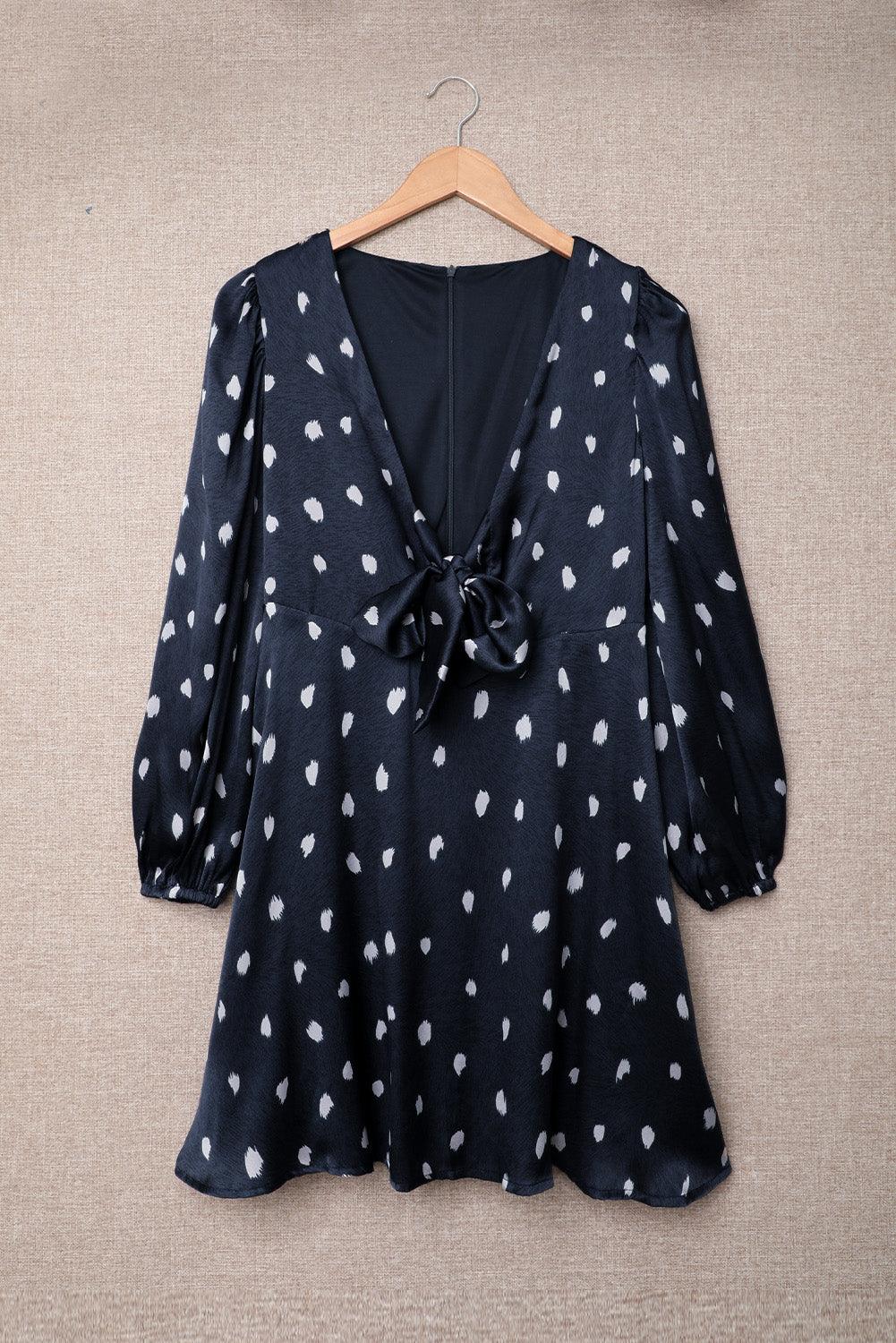 Polka Dot Jurk met Ballonmouwen en Diepe V-Hals - Midi Dresses - Jurkjes.co