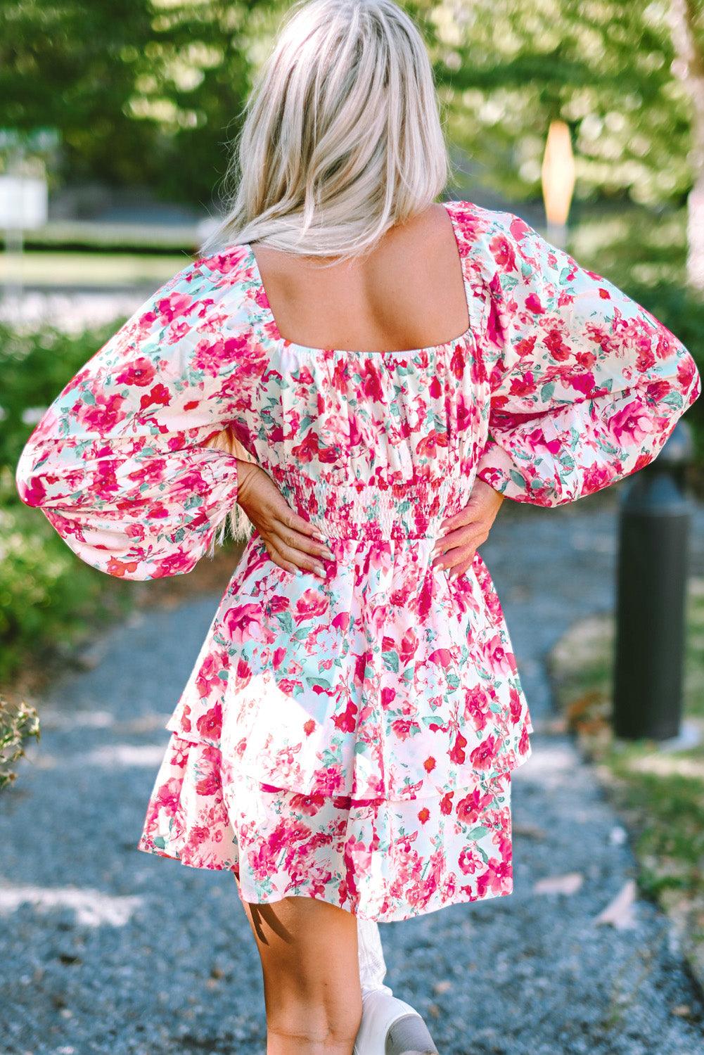 Ruche Gelaagde Taillejurk met Bloemen - Floral Dresses - Jurkjes.co