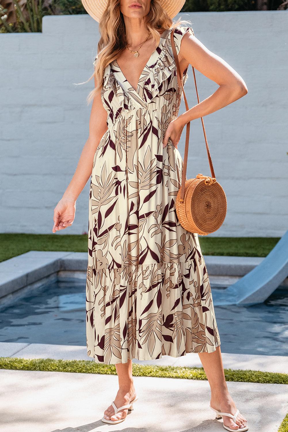 Ruffle V-hals Lange Jurk met Bladerenprint - Maxi Dresses - Jurkjes.co