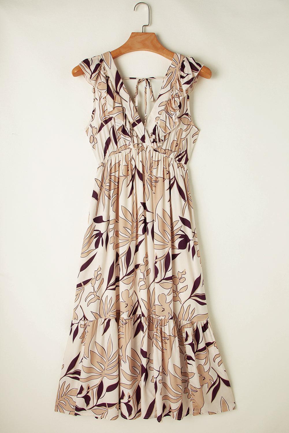 Ruffle V-hals Lange Jurk met Bladerenprint - Maxi Dresses - Jurkjes.co