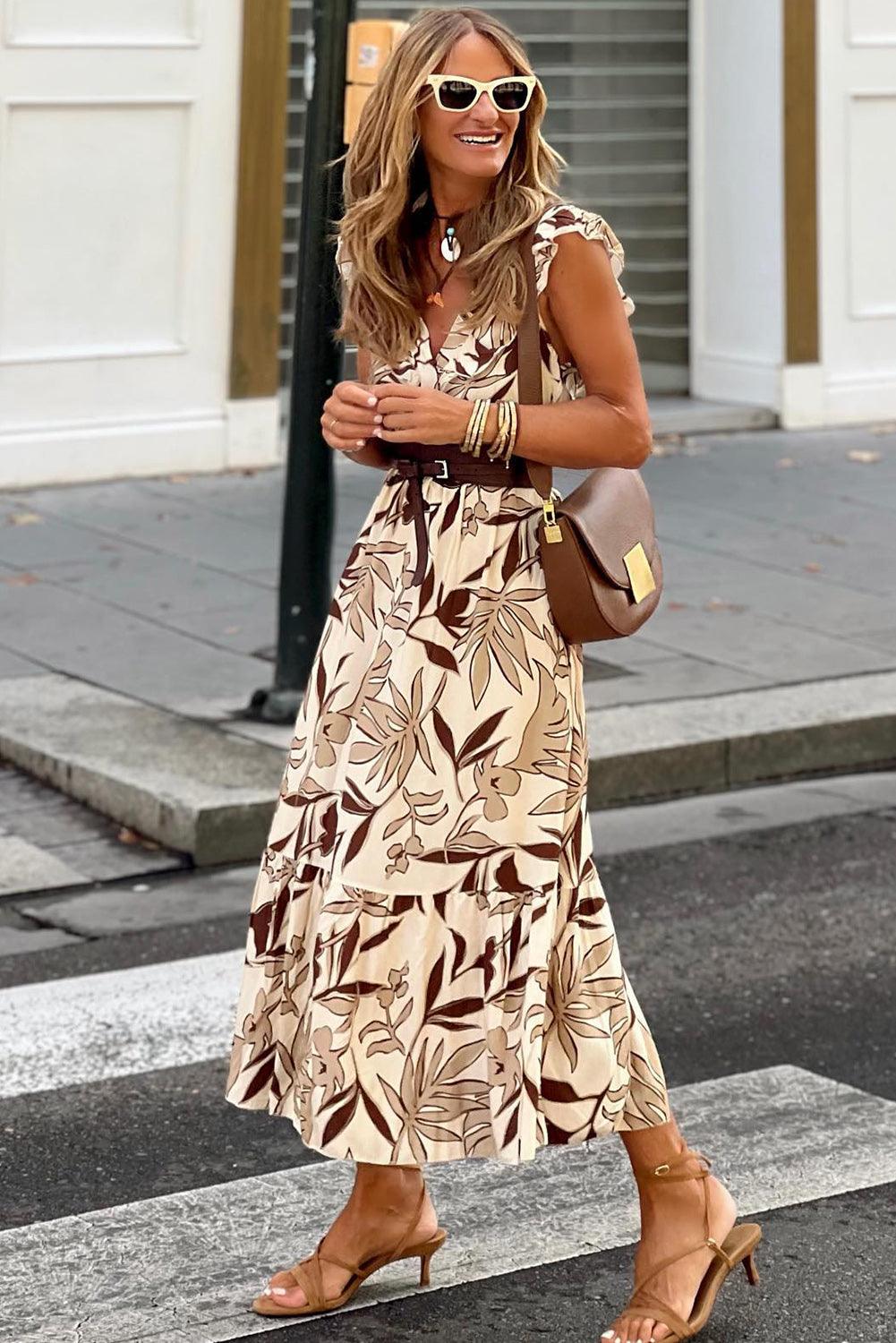 Ruffle V-hals Lange Jurk met Bladerenprint - Maxi Dresses - Jurkjes.co