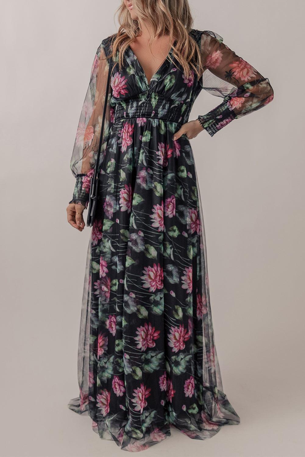 Sheer Mesh Bloemen Maxi Jurk met Hoge Taille - Floral Dresses - Jurkjes.co